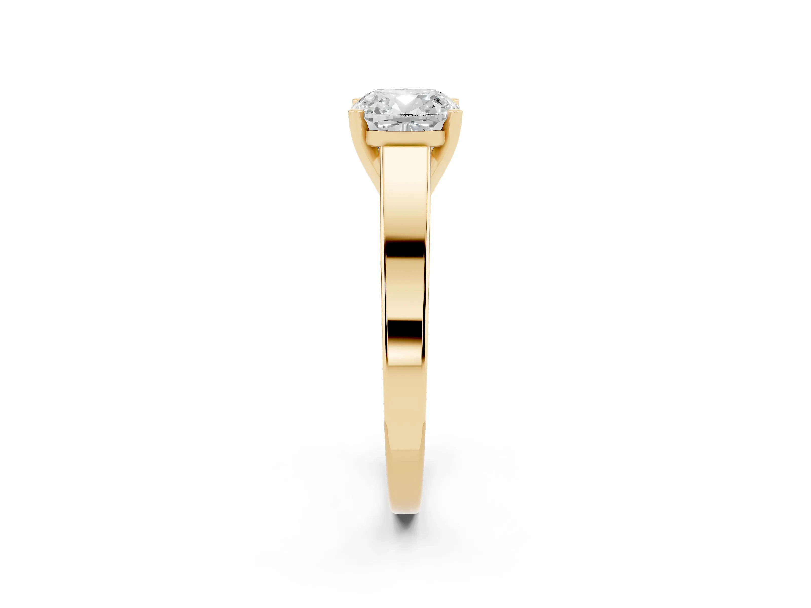 Cushion Cut Diamond Solitaire Engagement Ring Set in Yellow gold with Prong Setting and Tapered Band