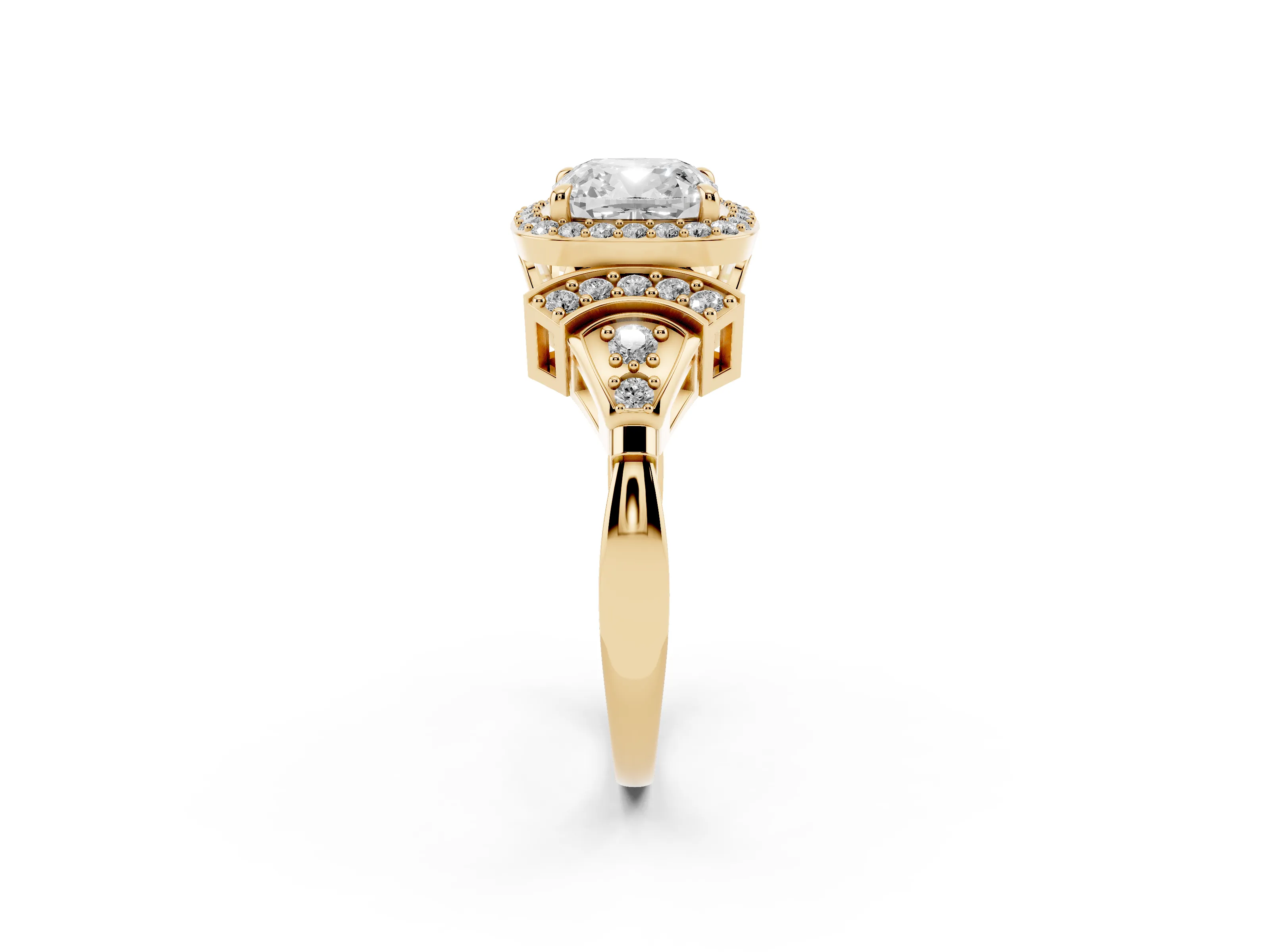 Cushion Cut Diamond Halo Engagement Ring Set in Yellow gold with Accent Stone Split Shank