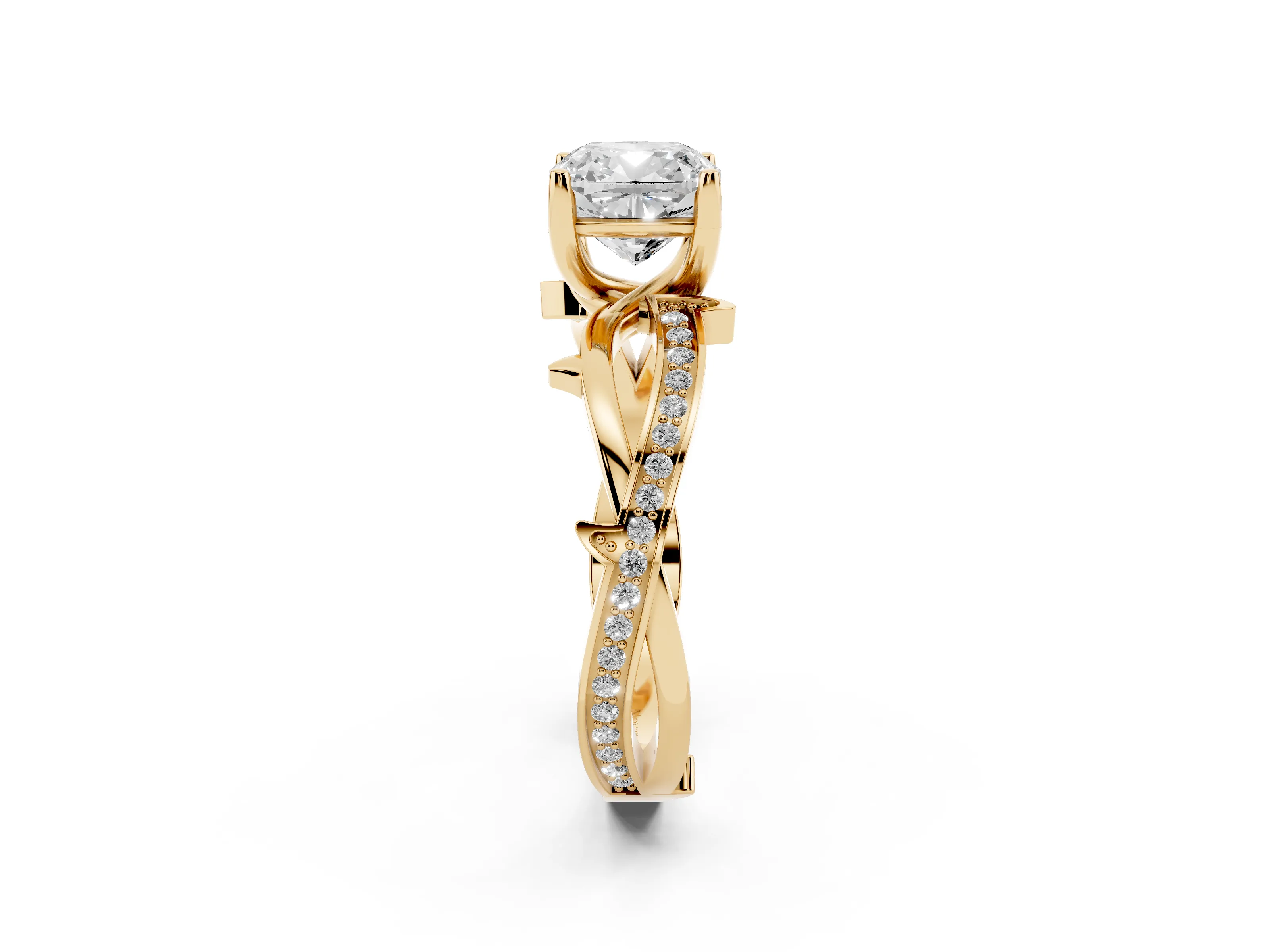 Cushion Cut Diamond Pavé Twist Band Solitaire Ring Set in Yellow gold with Prong Setting