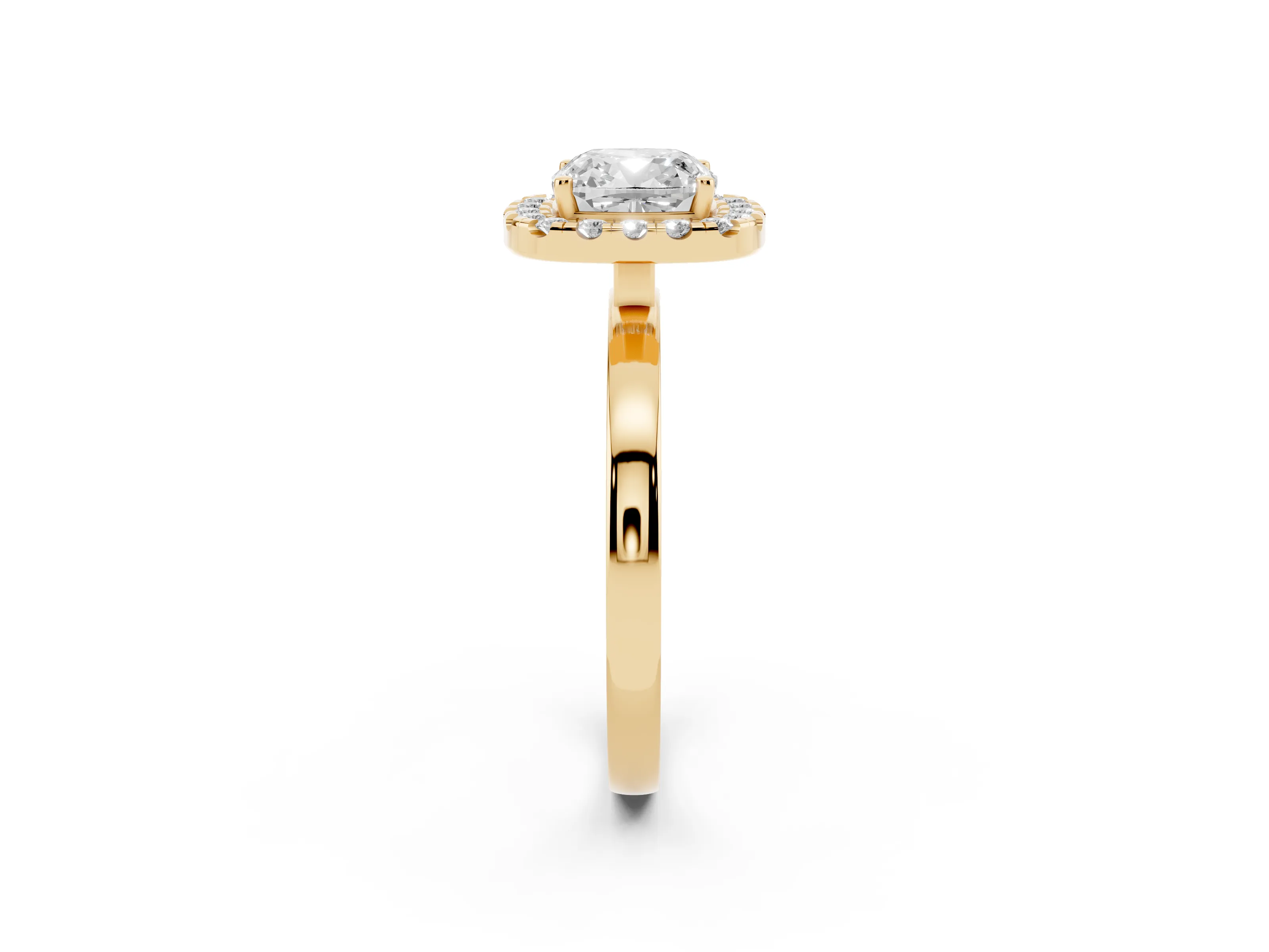 Cushion Cut Diamond Halo Solitaire Ring Set in Yellow gold with Pavé Band and Prong Setting