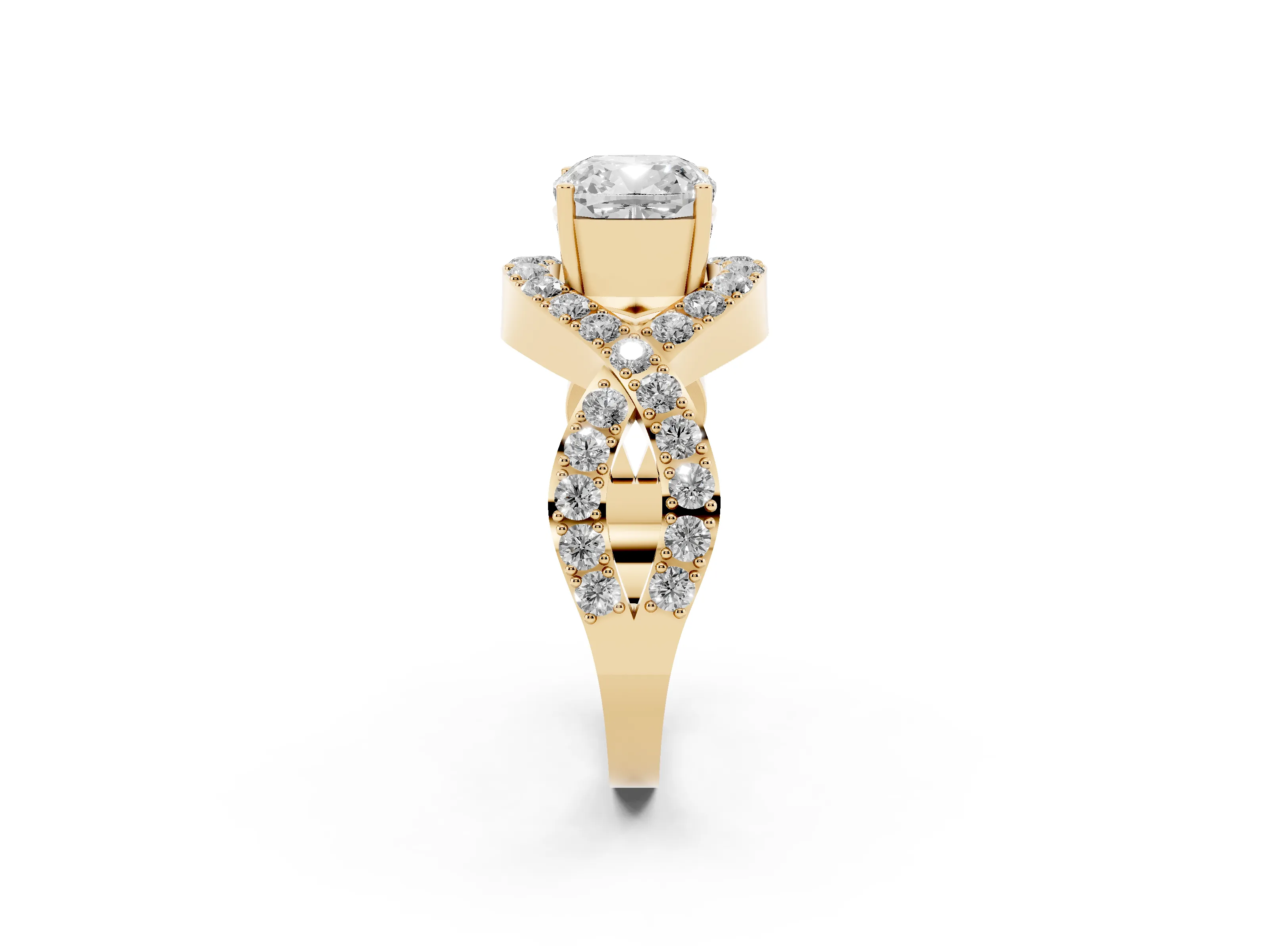 Cushion Cut Diamond Solitaire Twist Band Pavé Engagement Ring Set in Yellow gold