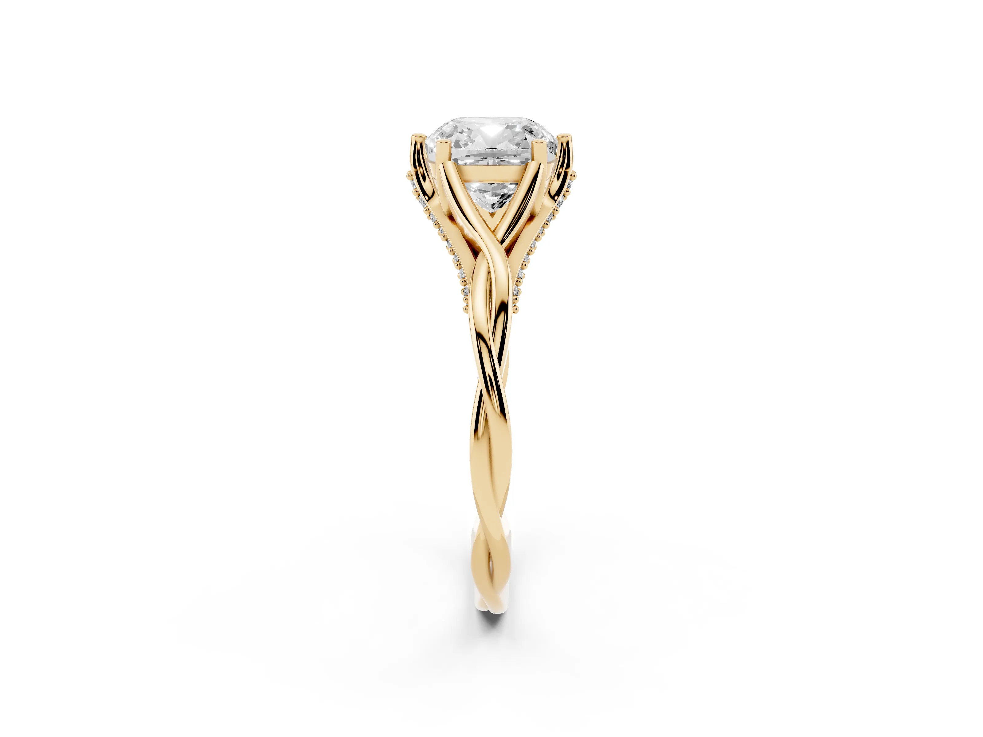 Cushion Cut Diamond Intertwined Twist Band Solitaire Ring Set in Yellow gold with Prong Setting