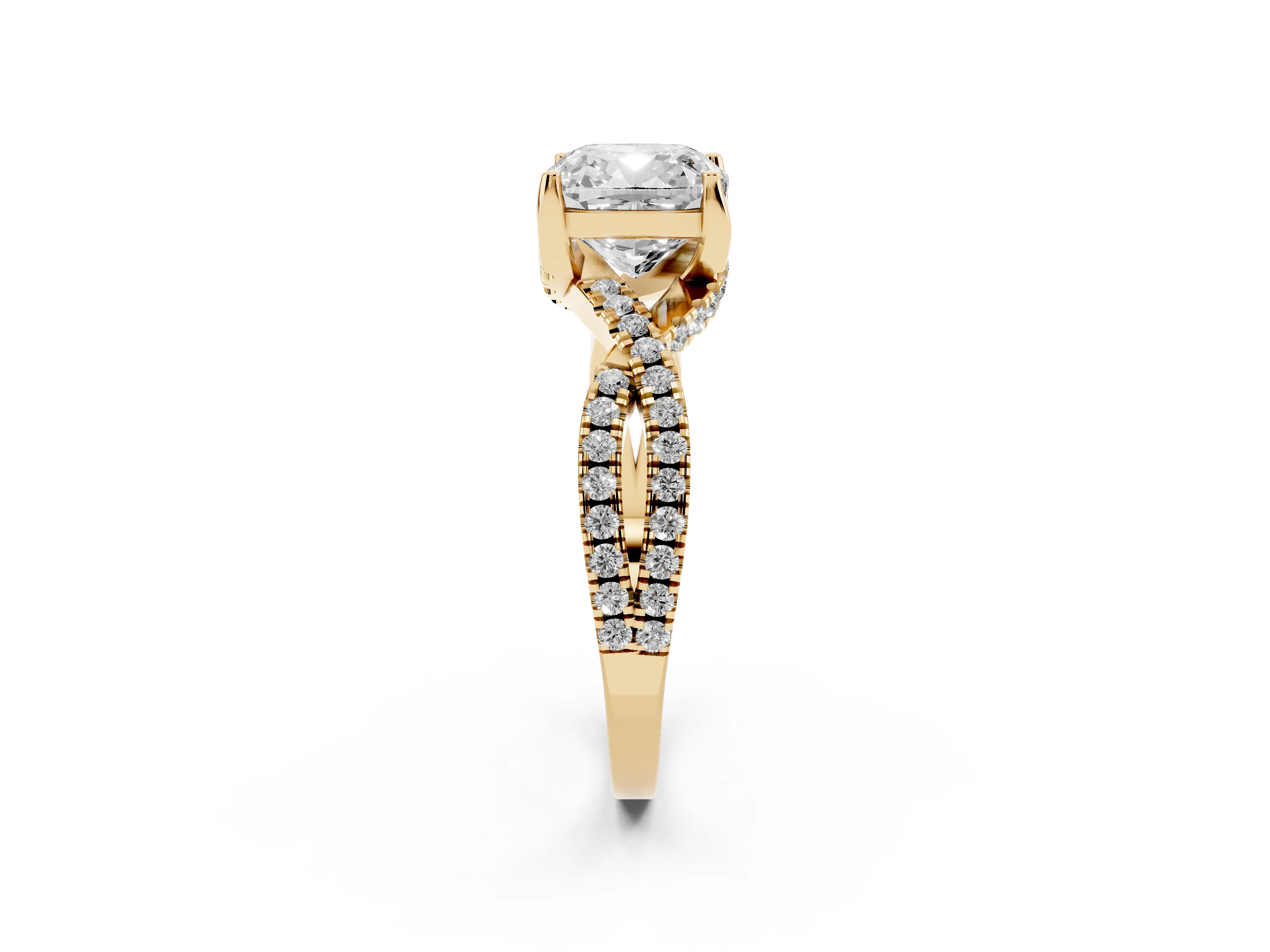 Cushion Cut Diamond Twist Pavé Solitaire Engagement Ring Set in Yellow gold with Prong Setting
