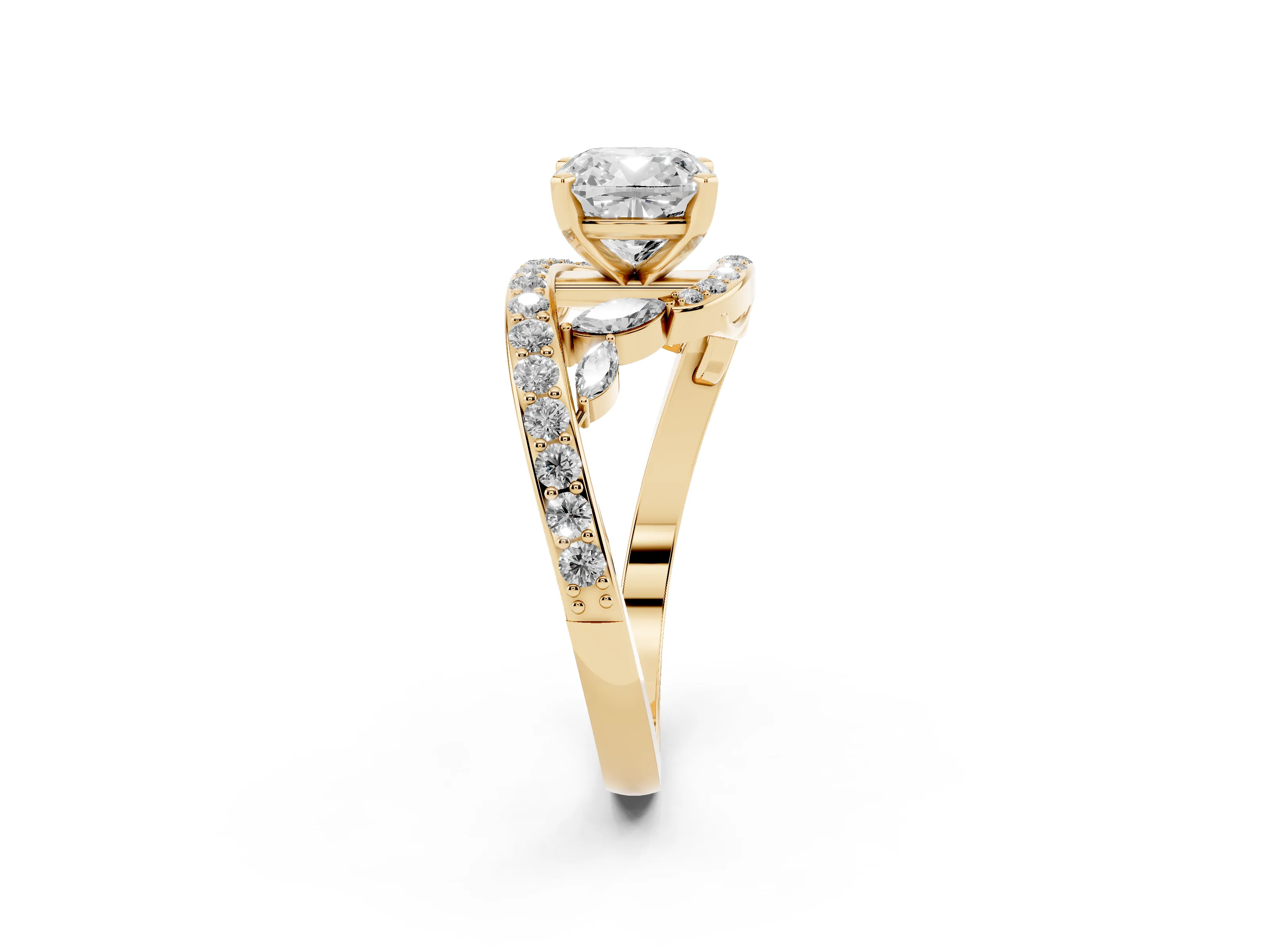 Cushion Cut Diamond Solitaire Ring Set in Yellow gold with Pavé Twist Band and Secure Prong Setting