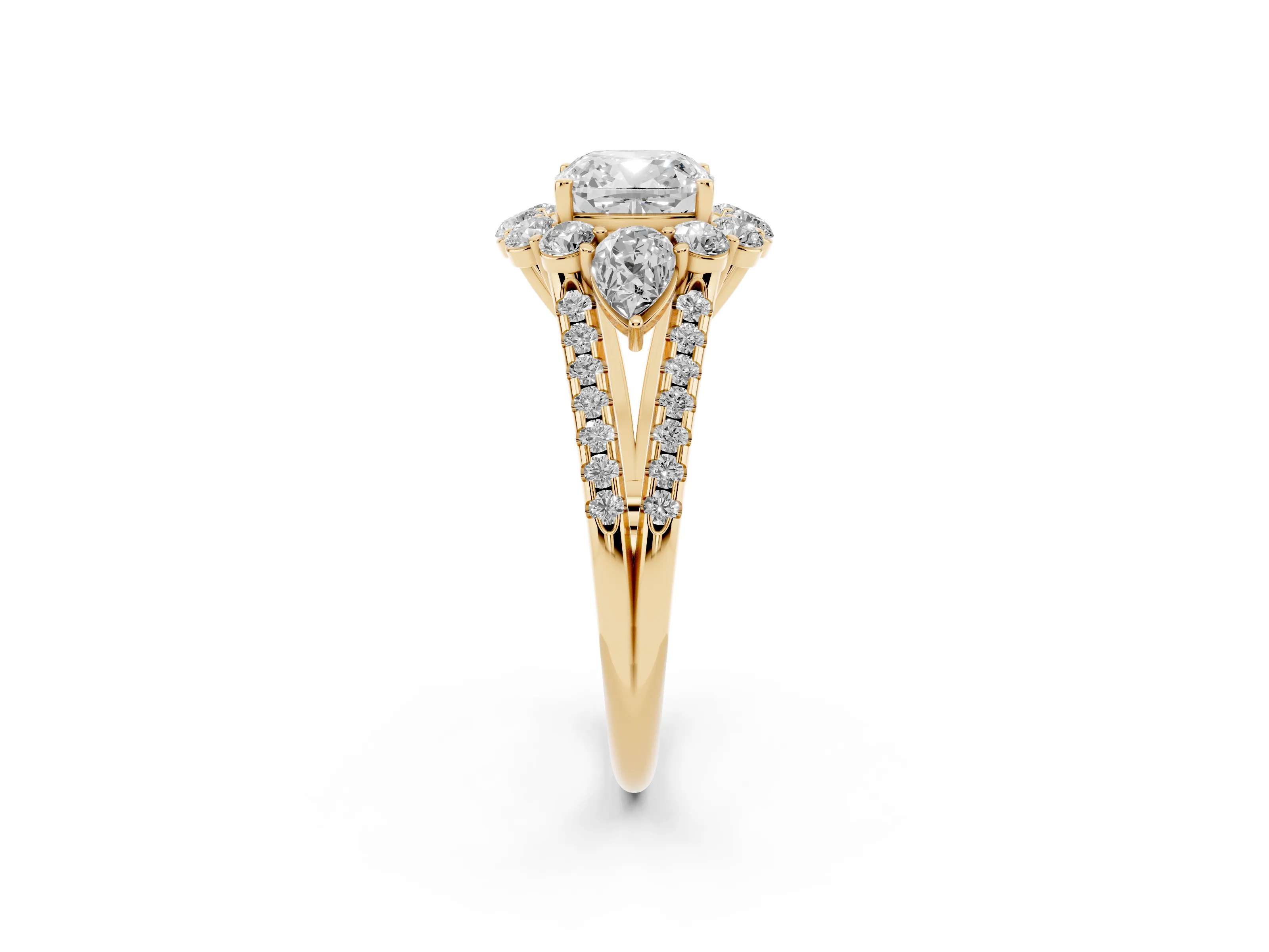Cushion Cut Diamond Halo Split Shank Engagement Ring Set in Yellow gold with Prong-Held Center Stone