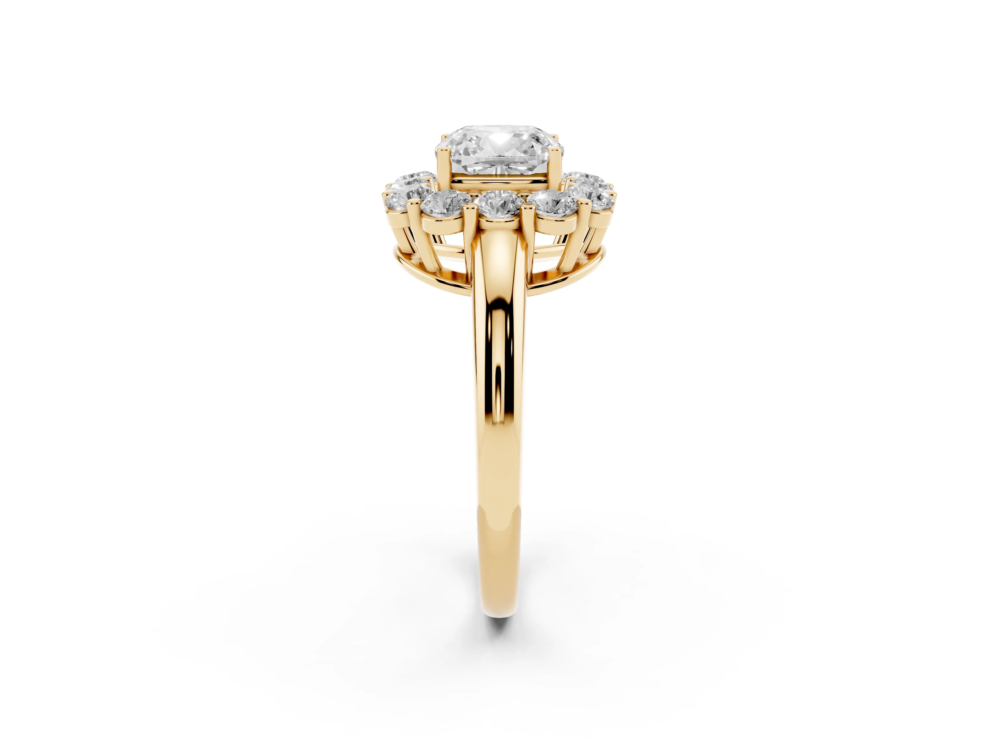 Cushion Cut Diamond Halo Cluster Engagement Ring Set in Yellow gold with Polished Band and Prong Setting