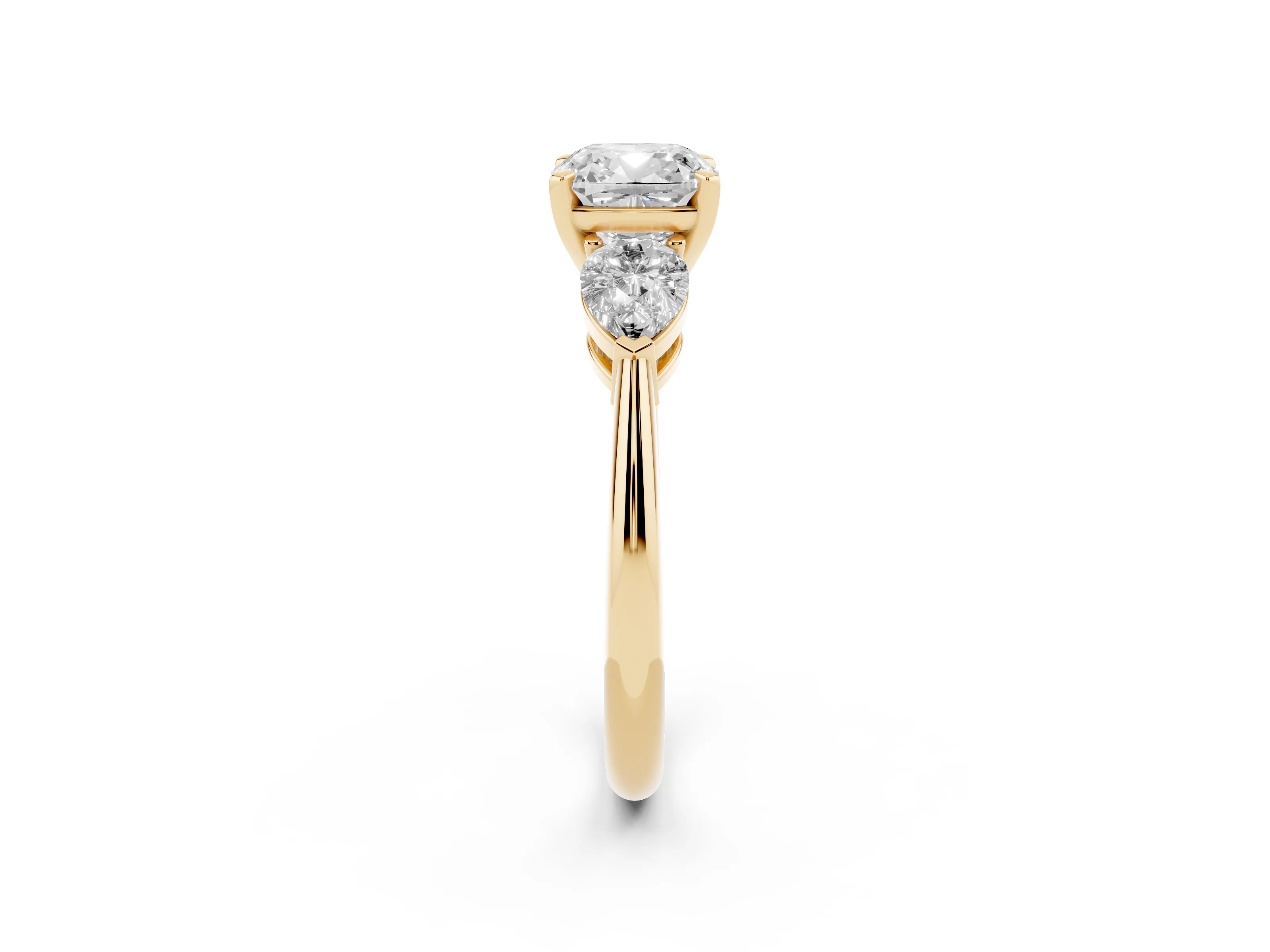 Three-Stone Cushion Cut Diamond Ring Set in Yellow gold with Pear Side Stones and Prong Setting