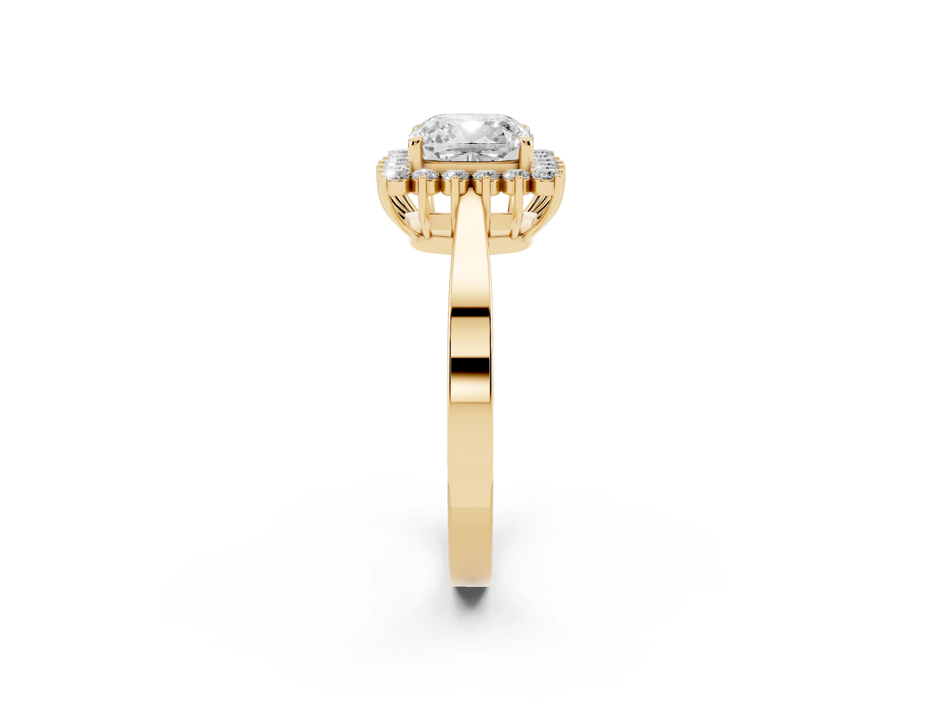 Cushion Cut Diamond Halo Ring Set in Yellow gold with Round Halo and Smooth Solitaire Band