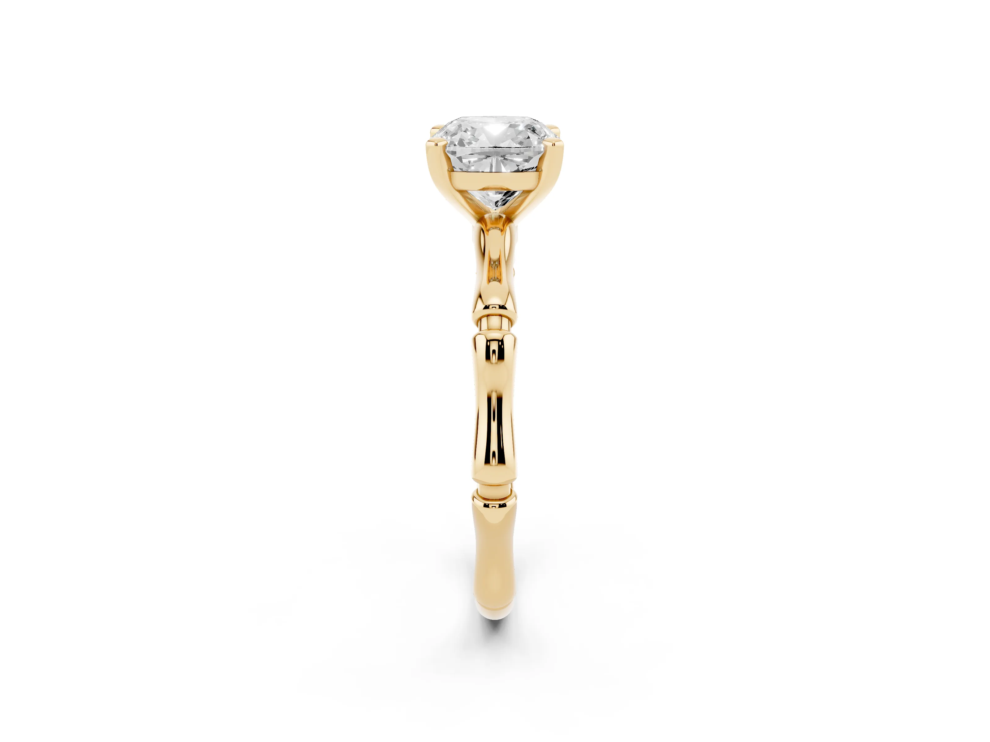 Cushion Cut Diamond Solitaire Ring Set in Yellow gold with Bamboo Band and Prong Setting