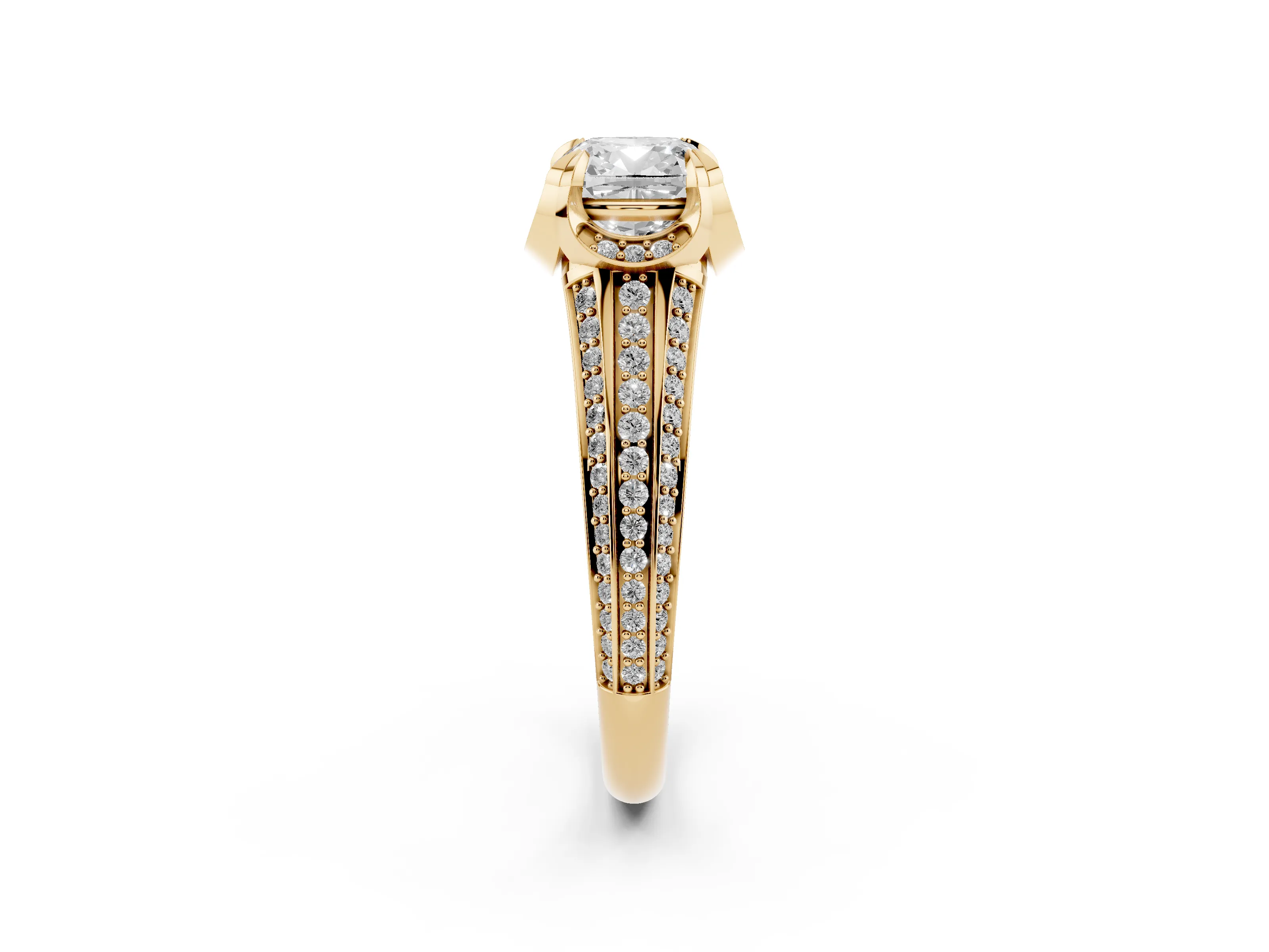 Cushion Cut Diamond Pavé Split Shank Solitaire Ring Set in Yellow gold with Prong Setting