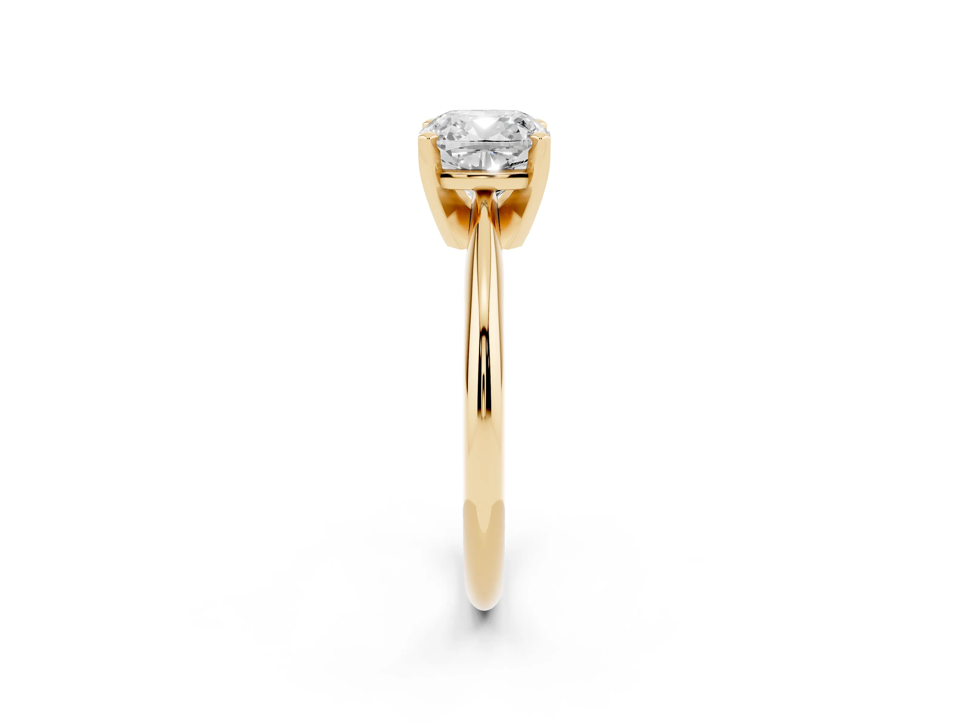 Cushion Cut Diamond Solitaire Ring Set in Yellow gold with Prong Setting on a Plain Round Band