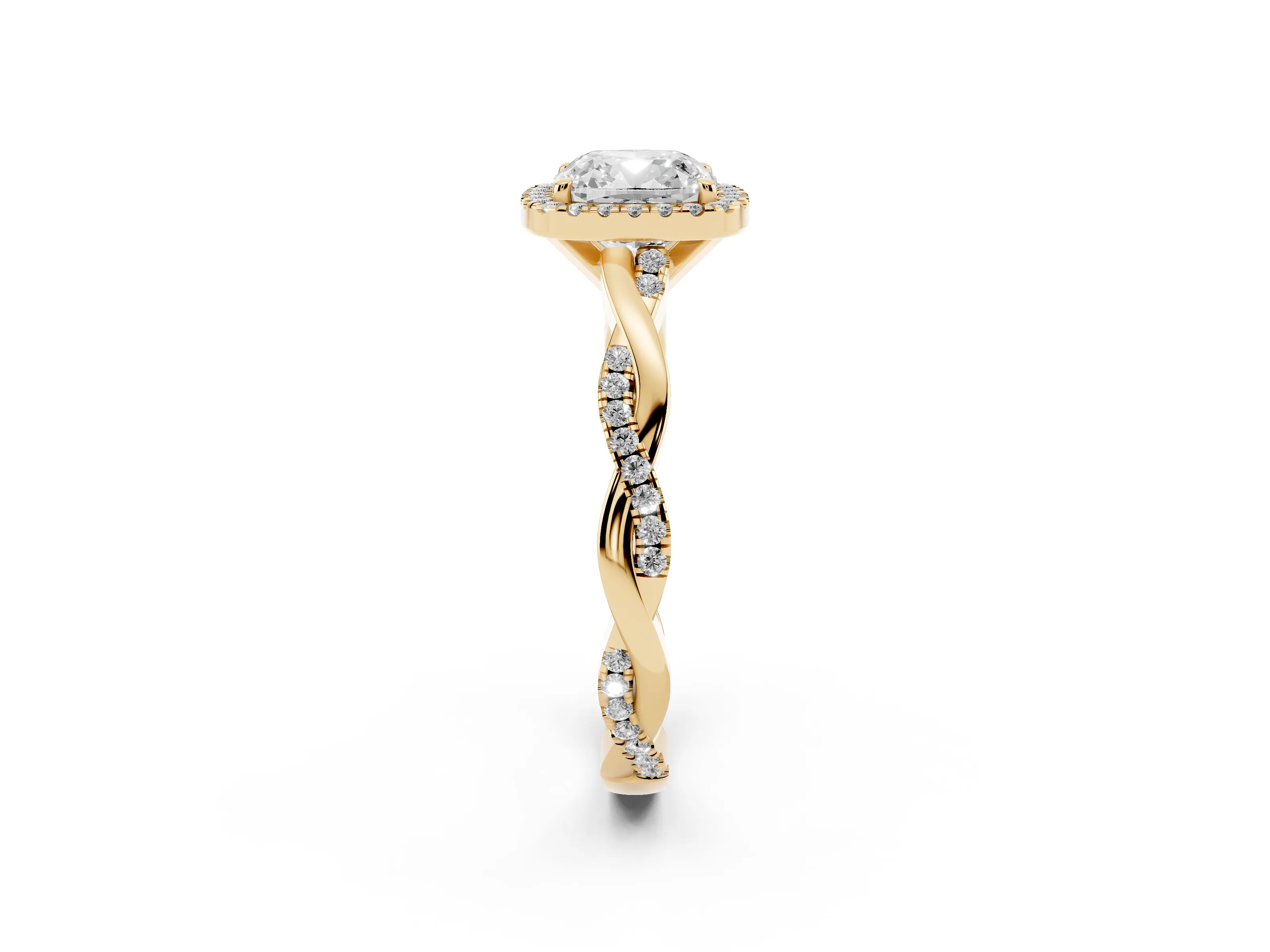 Cushion Cut Diamond Halo Twisted Band Ring Set in Yellow gold with Prong Setting