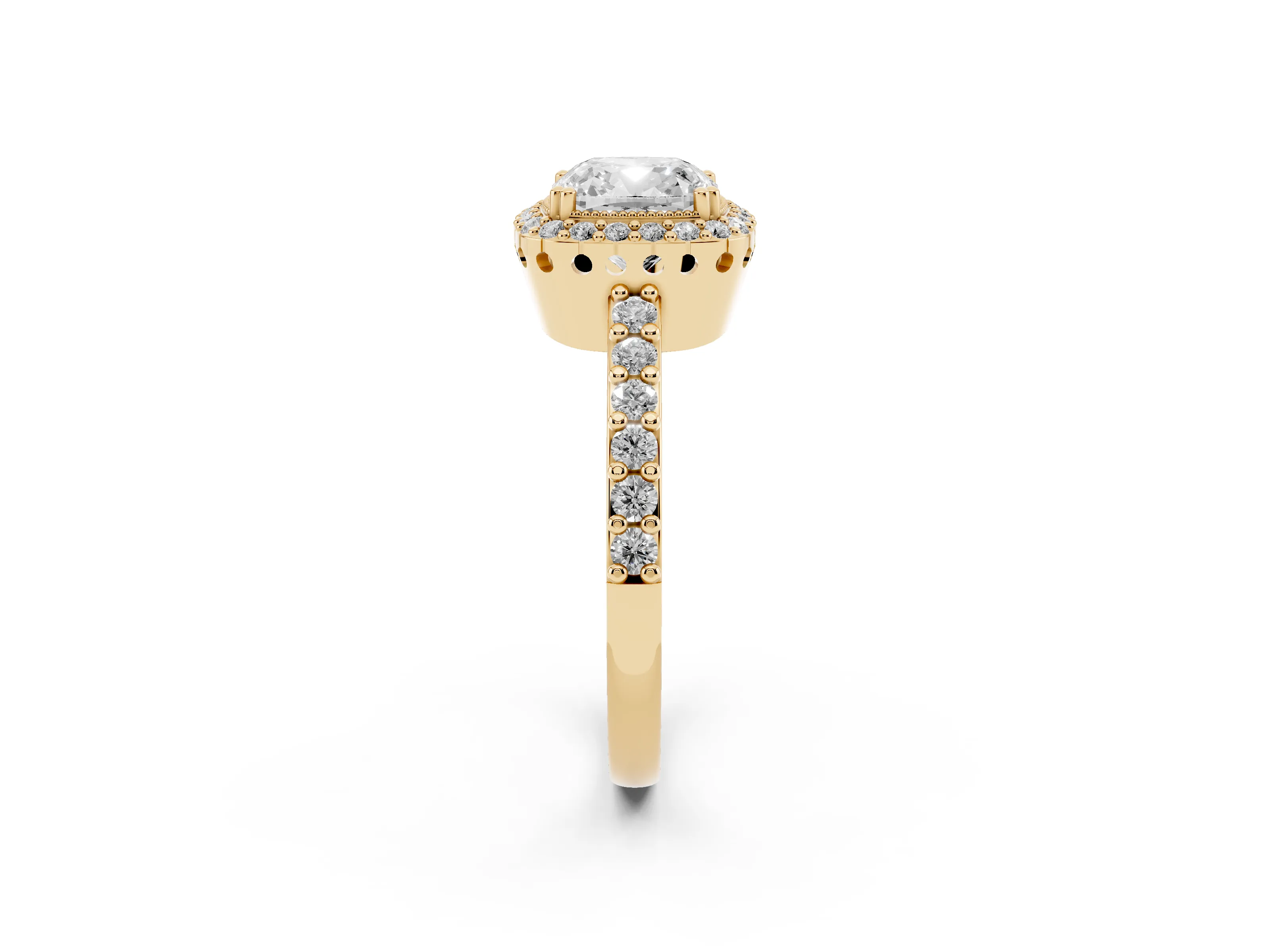 Cushion Cut Diamond Halo Engagement Ring Set in Yellow gold with Milgrain Detail and Pavé Band