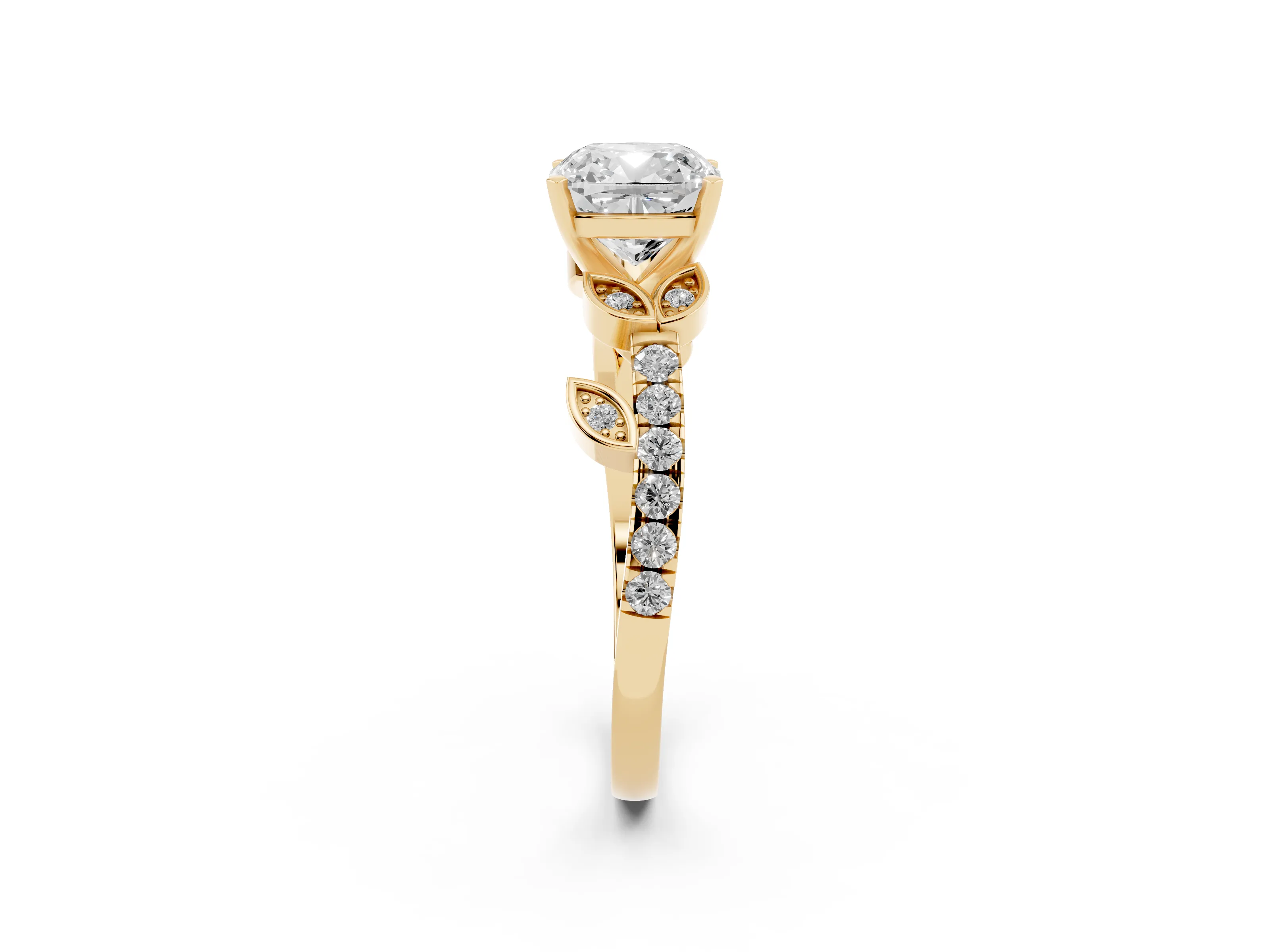Cushion Cut Diamond Solitaire Leaf-Inspired Ring Set in Yellow gold with Pavé Band and Prong Setting
