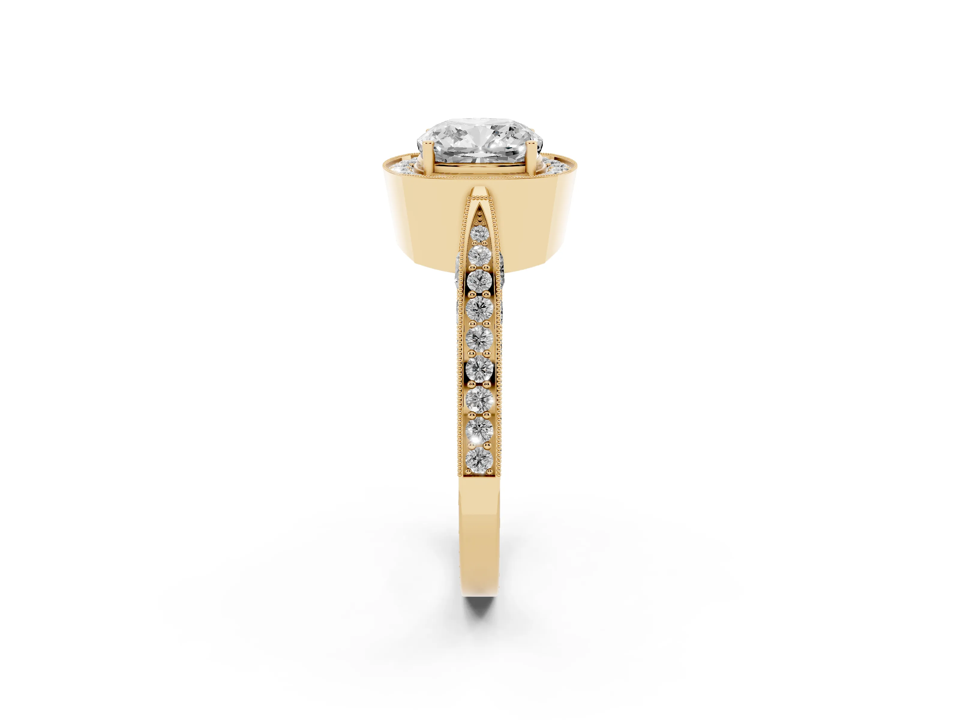 Cushion Cut Diamond Halo Engagement Ring Set in Yellow gold with Accent Split Shank Band