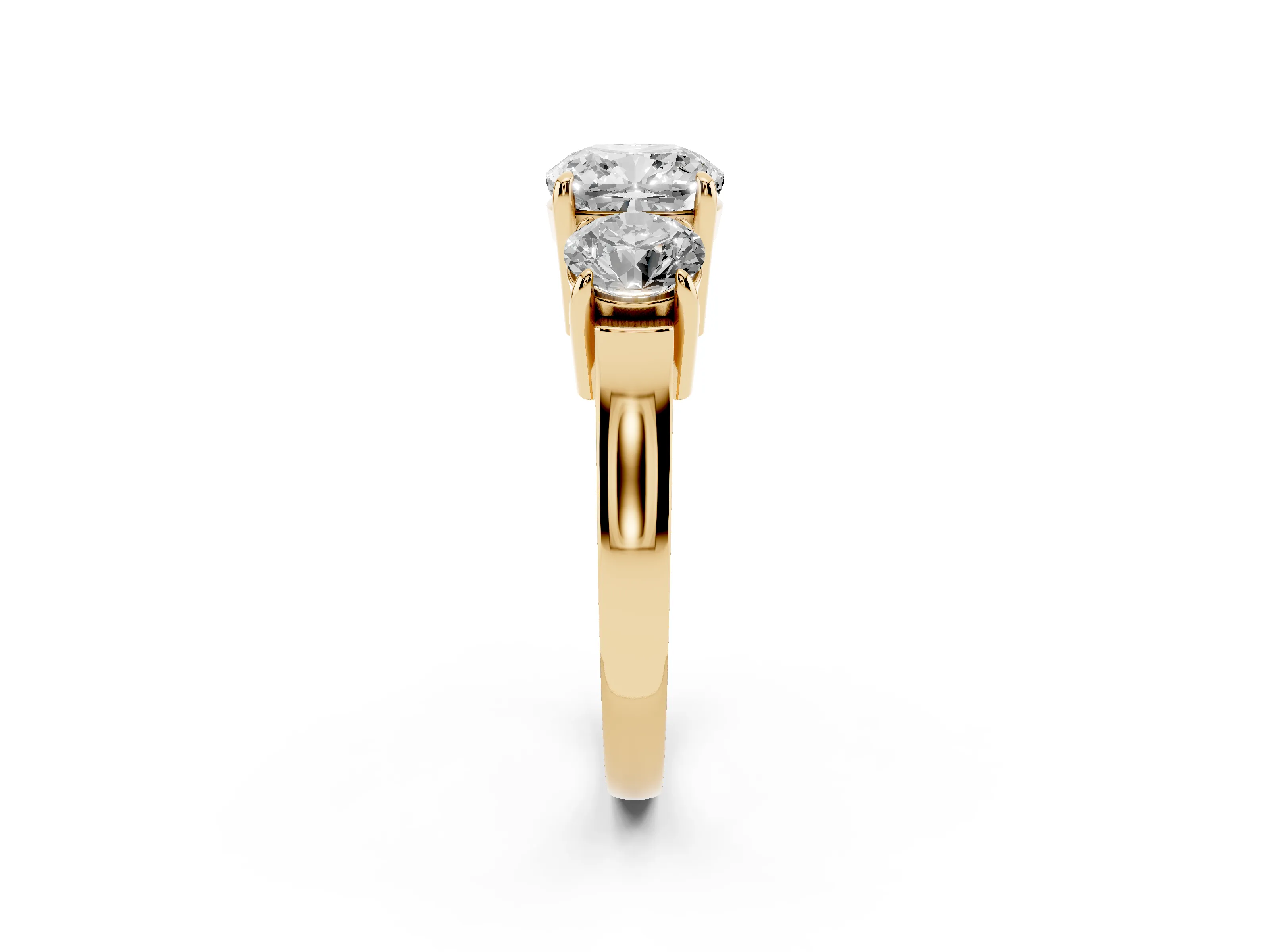 Cushion Cut Diamond Three-Stone Ring Set in Yellow gold with Round Accent Stones and Plain Band