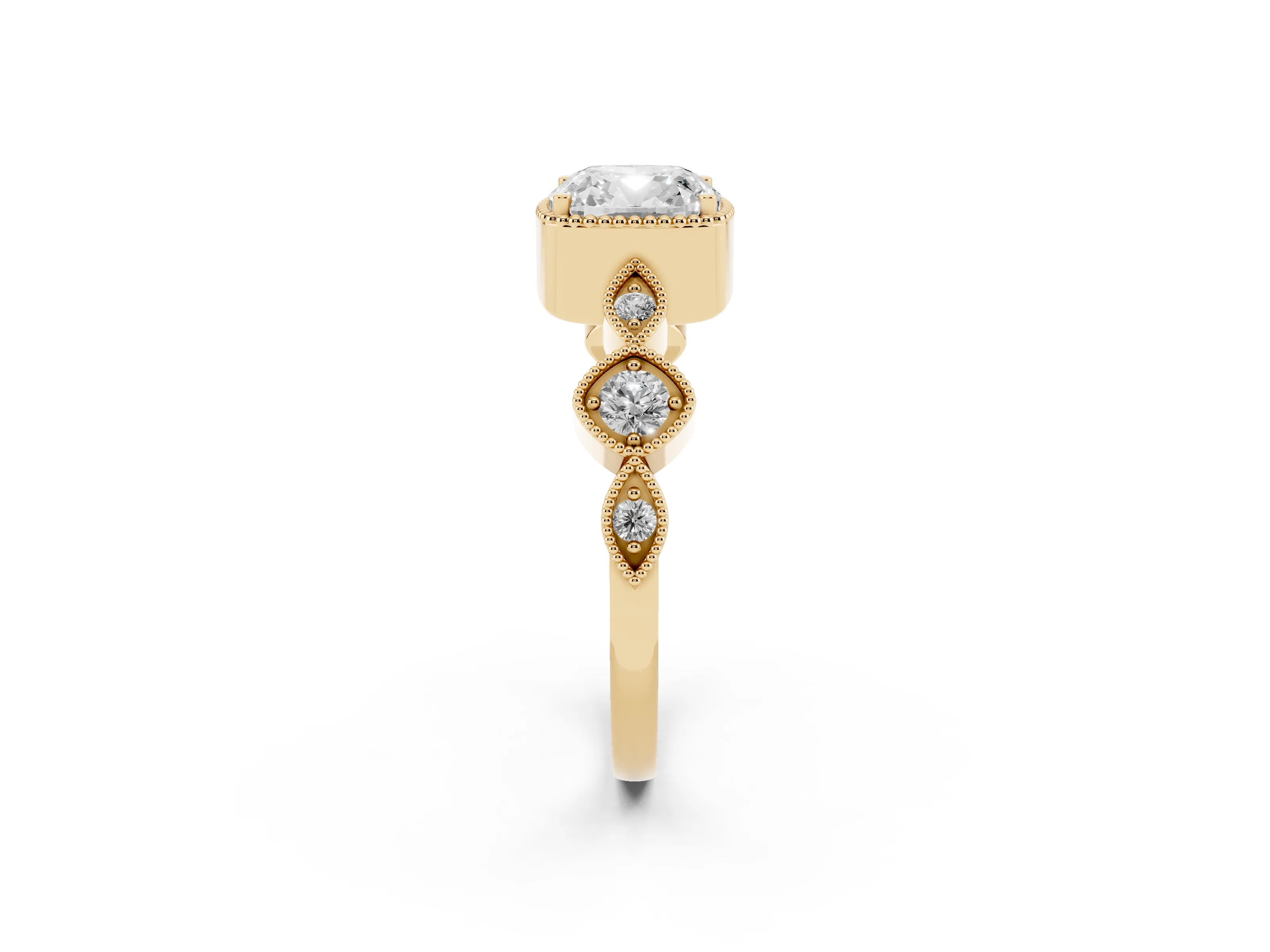 Cushion Cut Diamond Vintage-Inspired Milgrain Ring Set in Yellow gold with Marquise Stations of Round Accents