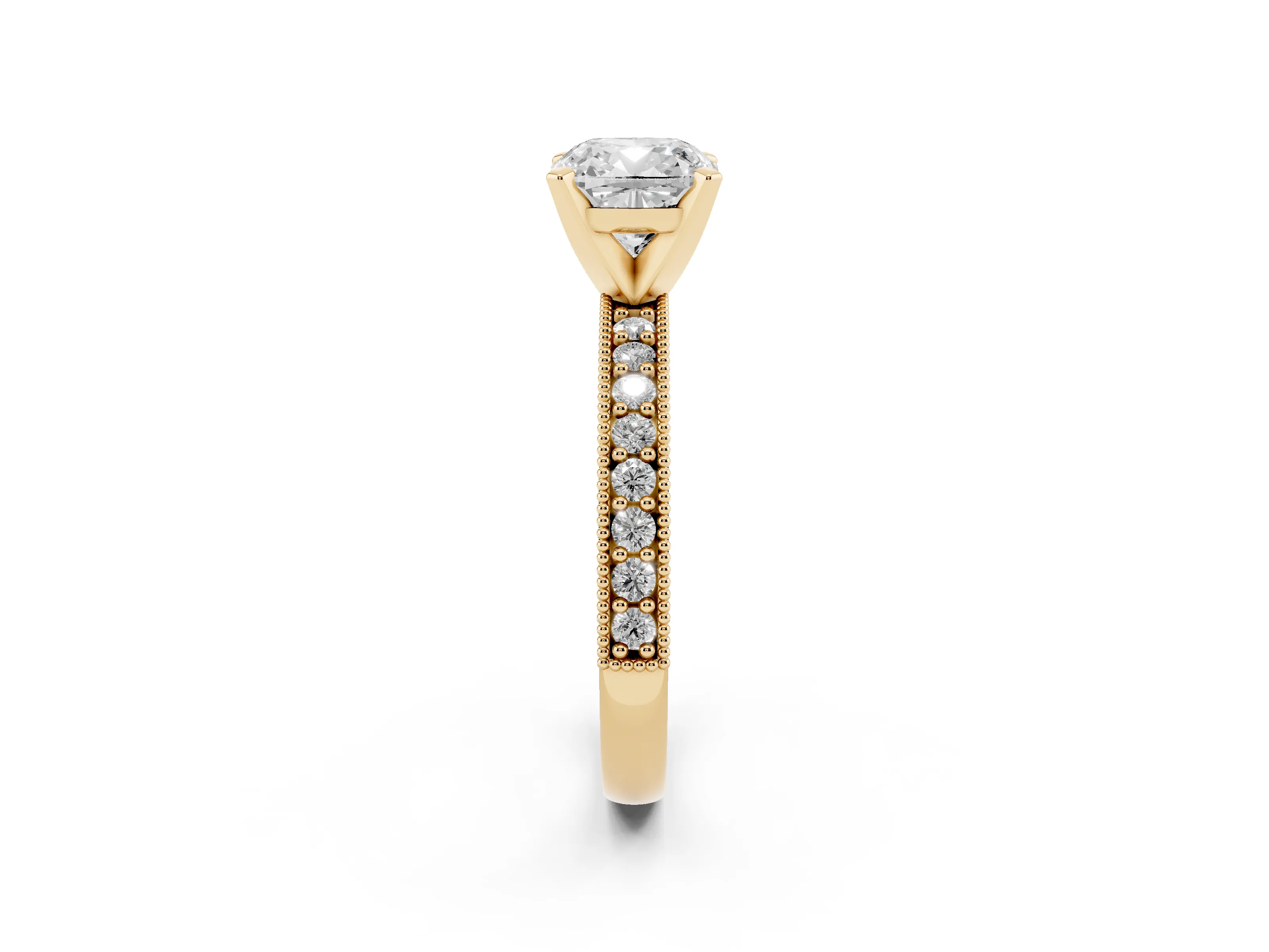 Cushion Cut Diamond Milgrain Pavé Engagement Ring Set in Yellow gold with Prong Setting
