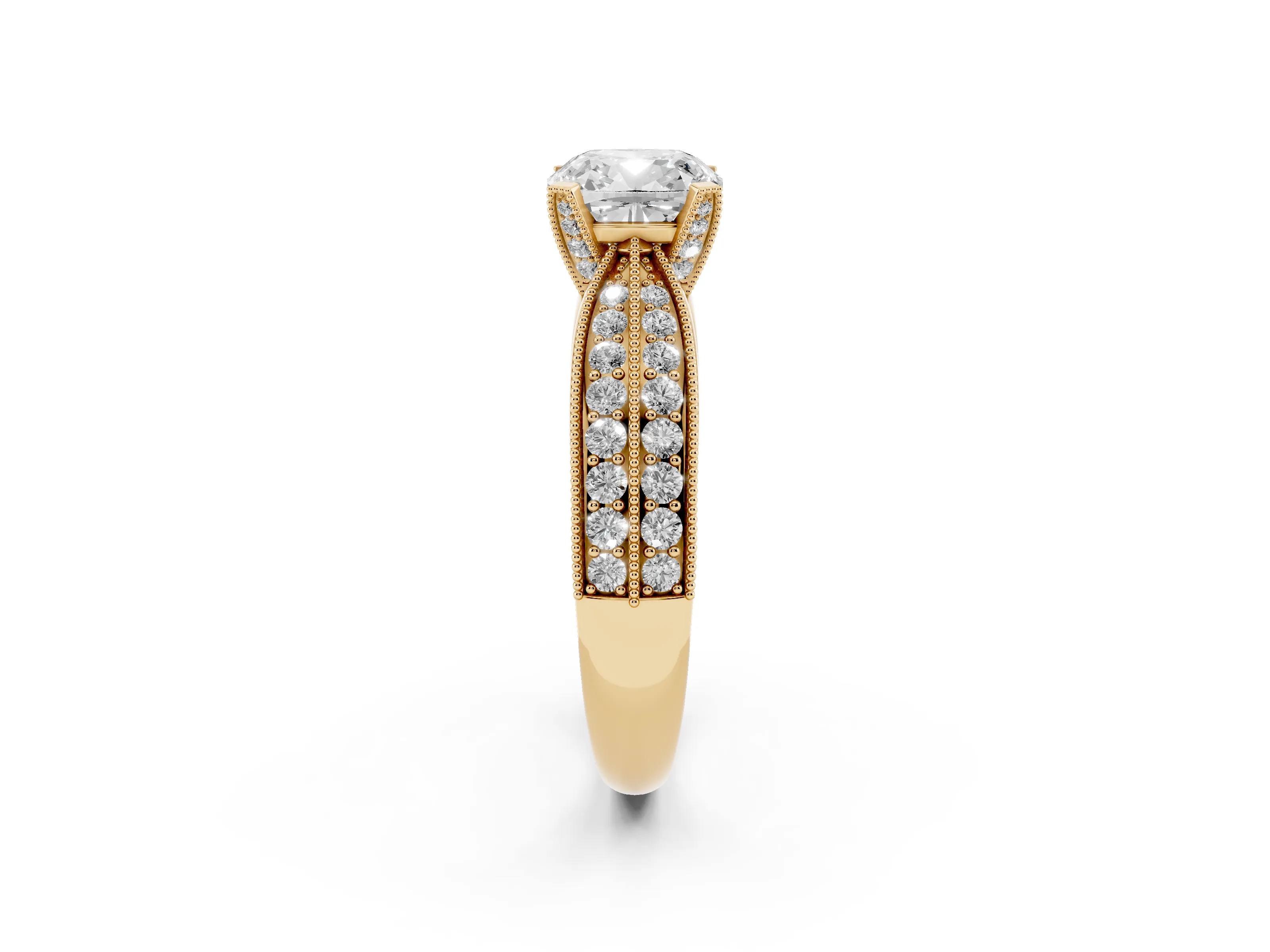 Cushion Cut Diamond Solitaire Ring Set in Yellow gold with Milgrain Double Row Round Pavé Band