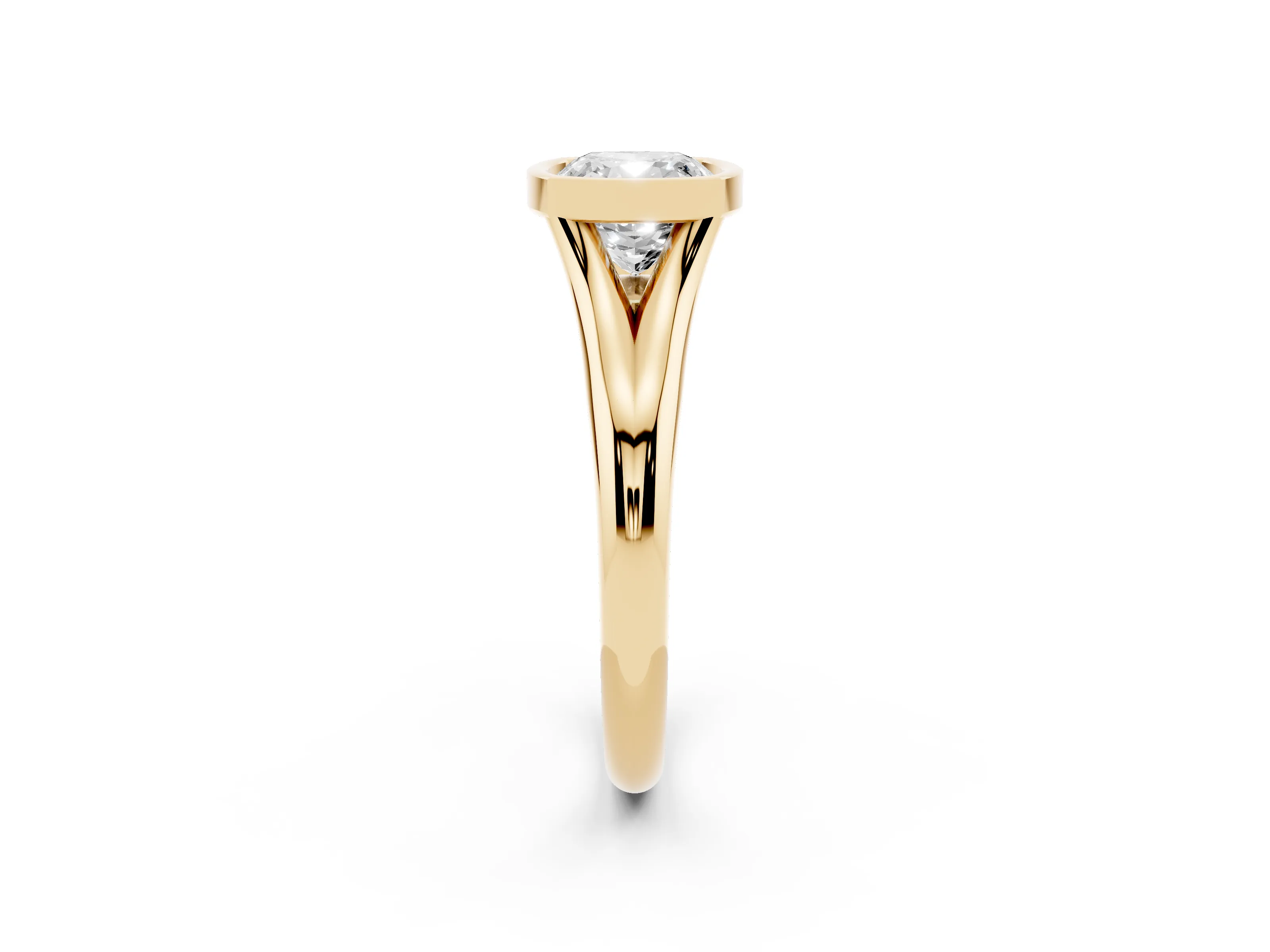 Bezel Set Cushion Cut Diamond Solitaire Ring Set in Yellow gold with Smooth Band