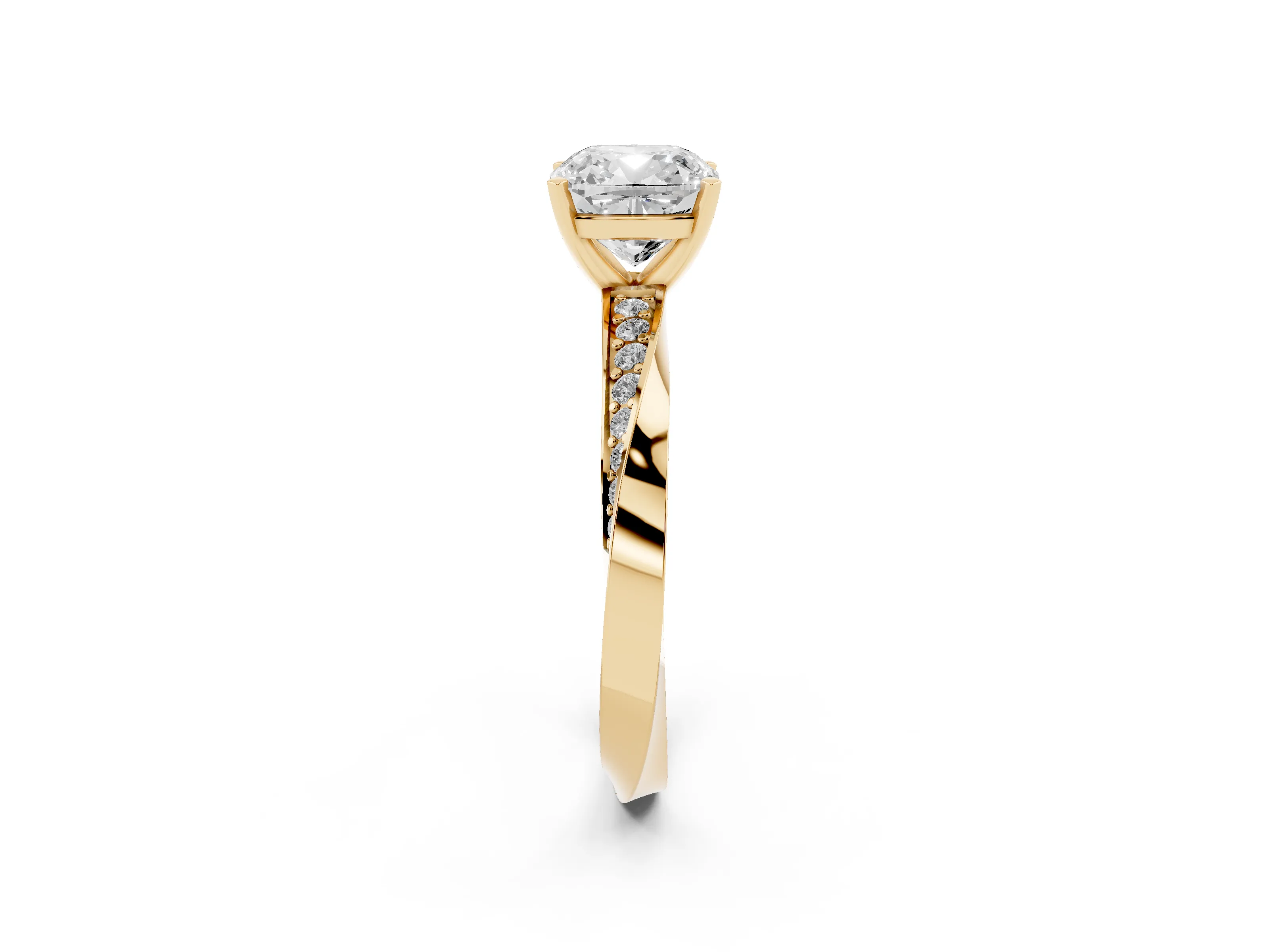 Cushion Cut Diamond Engagement Ring Set in Yellow gold with Side Stone Accents and Prong Setting