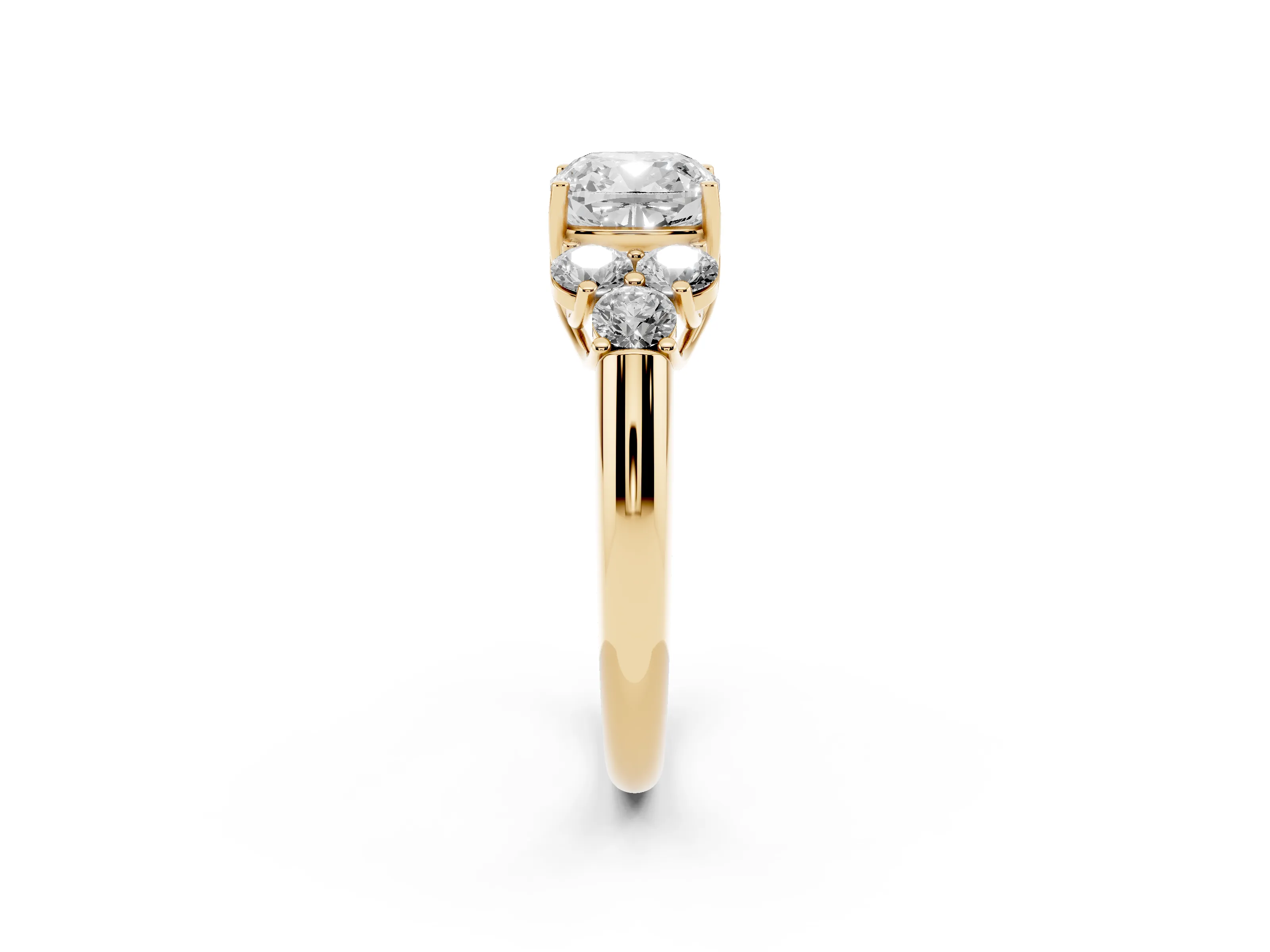 Cushion Cut Diamond Cluster Ring Set in Yellow gold with Round Accent Stones and Prong Setting on a Plain Band