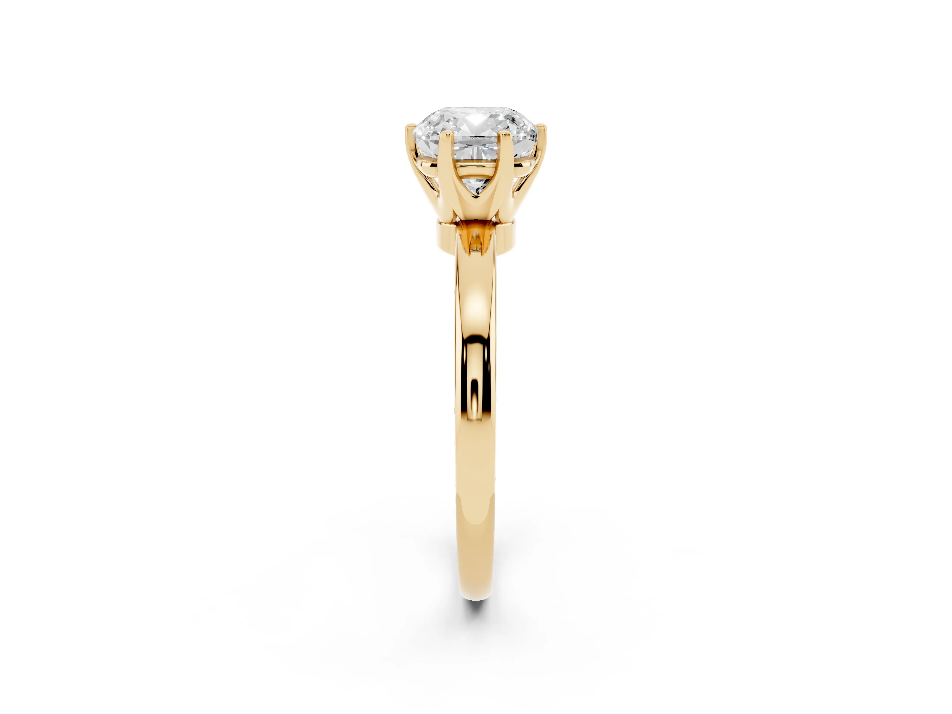 Cushion Cut Diamond Solitaire Ring Set in Yellow gold with Raised Prong Setting on a Classic Band