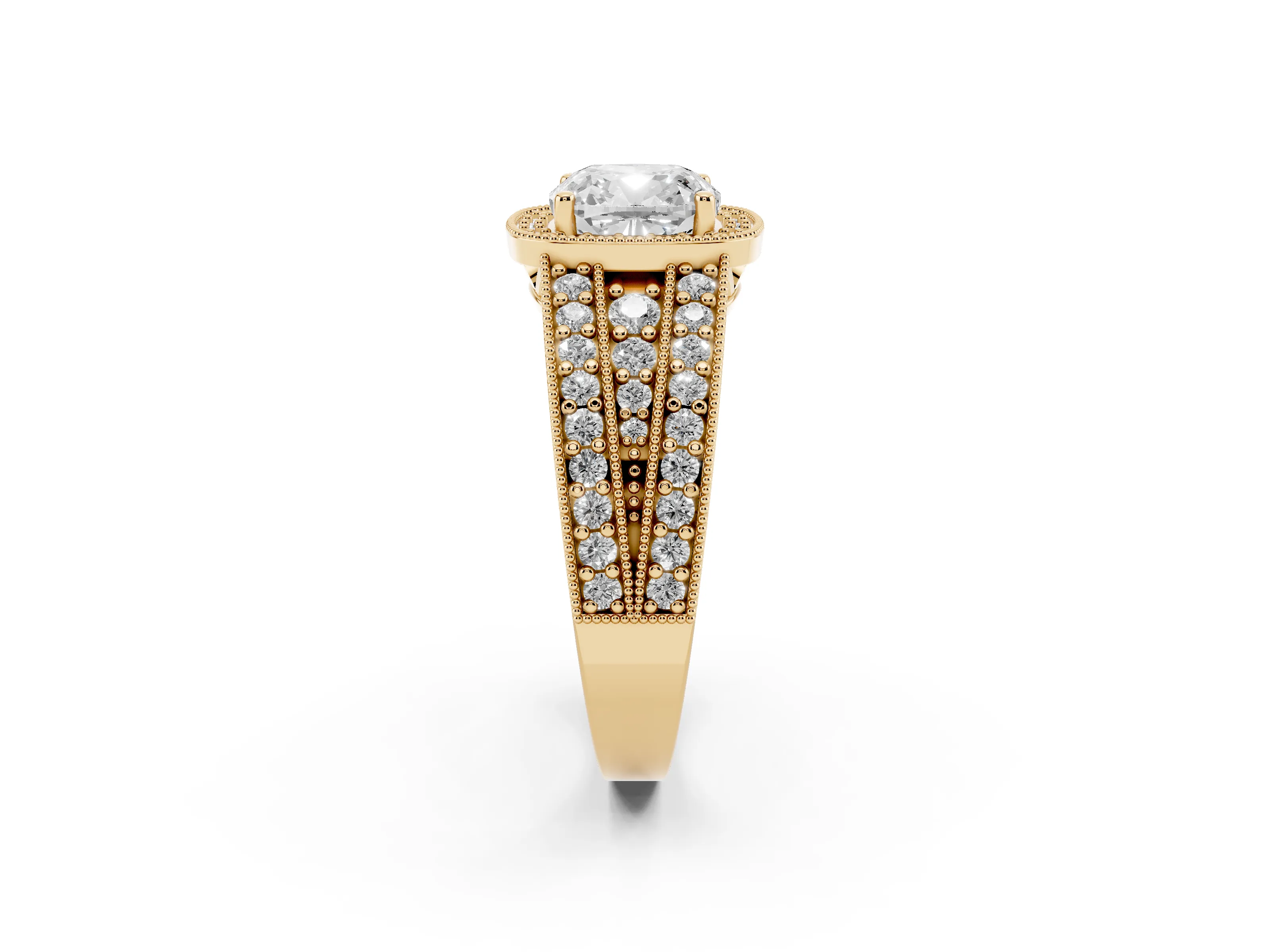Cushion Cut Diamond Halo Ring Set in Yellow gold with Accent Split Shank and Prong Setting