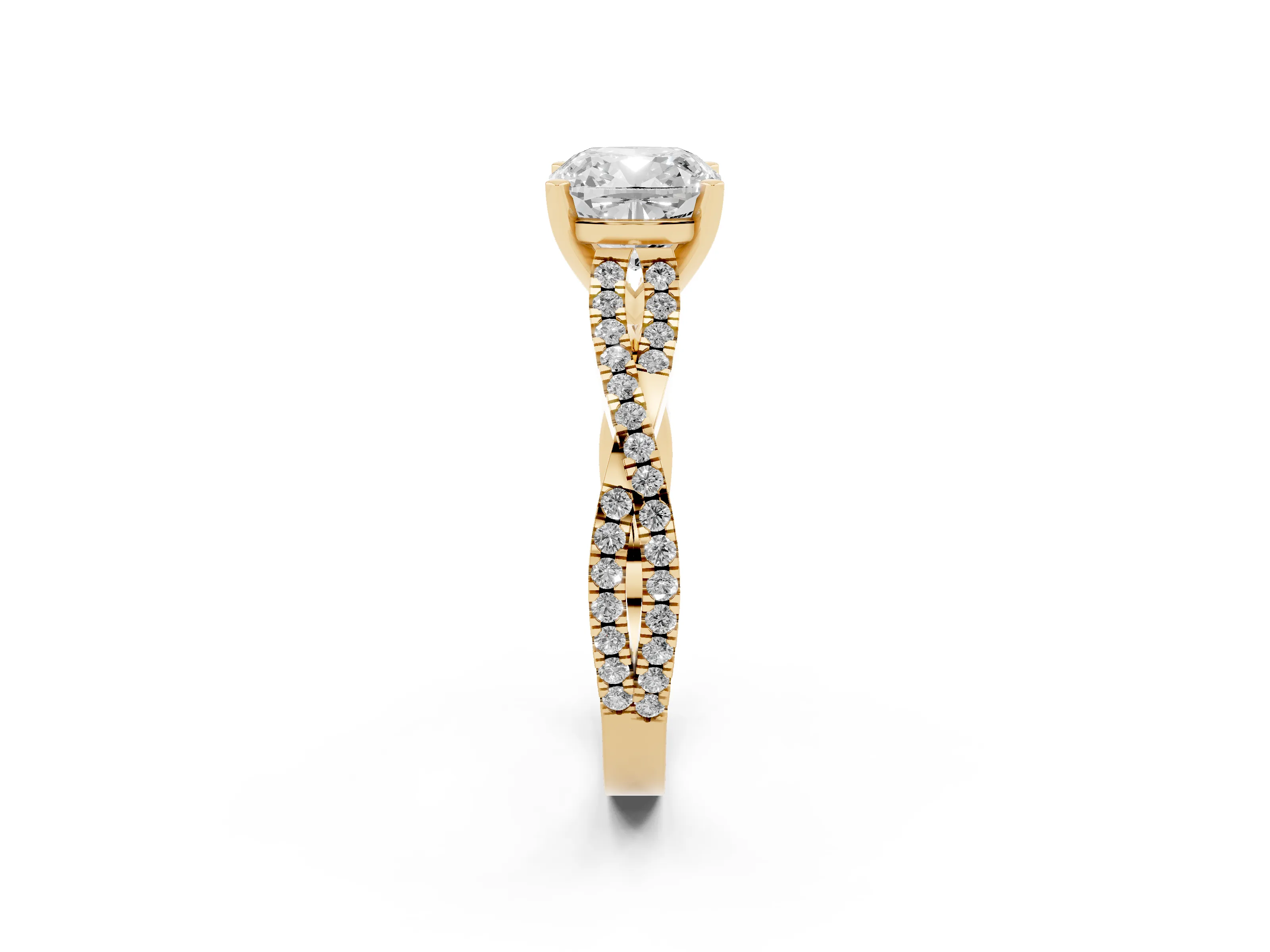 Cushion Cut Diamond Solitaire Engagement Ring Set in Yellow gold with Twisted Pavé Band and Prong Setting