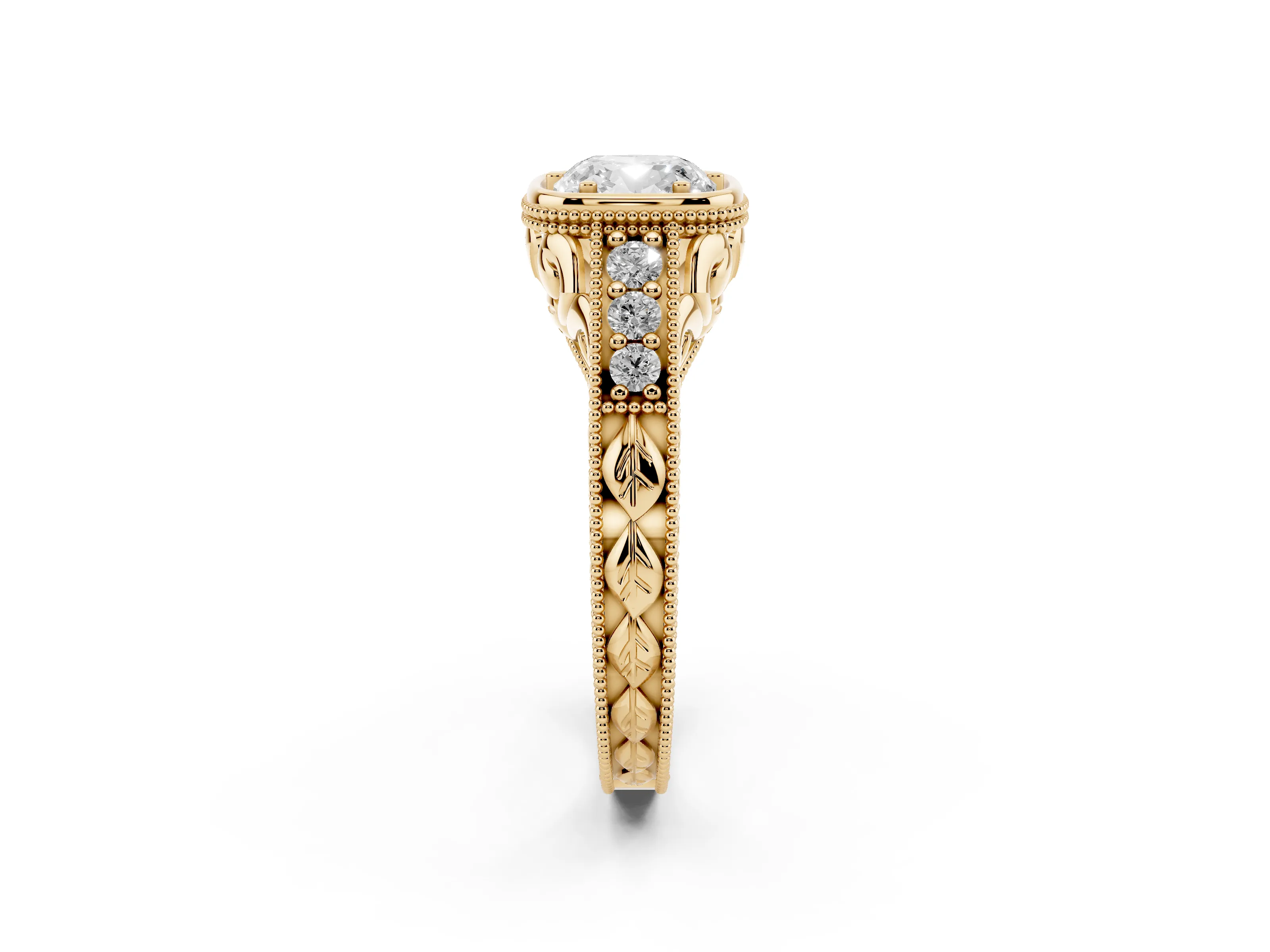 Bezel Set Cushion Cut Diamond Milgrain Pavé Engagement Ring Set in Yellow gold