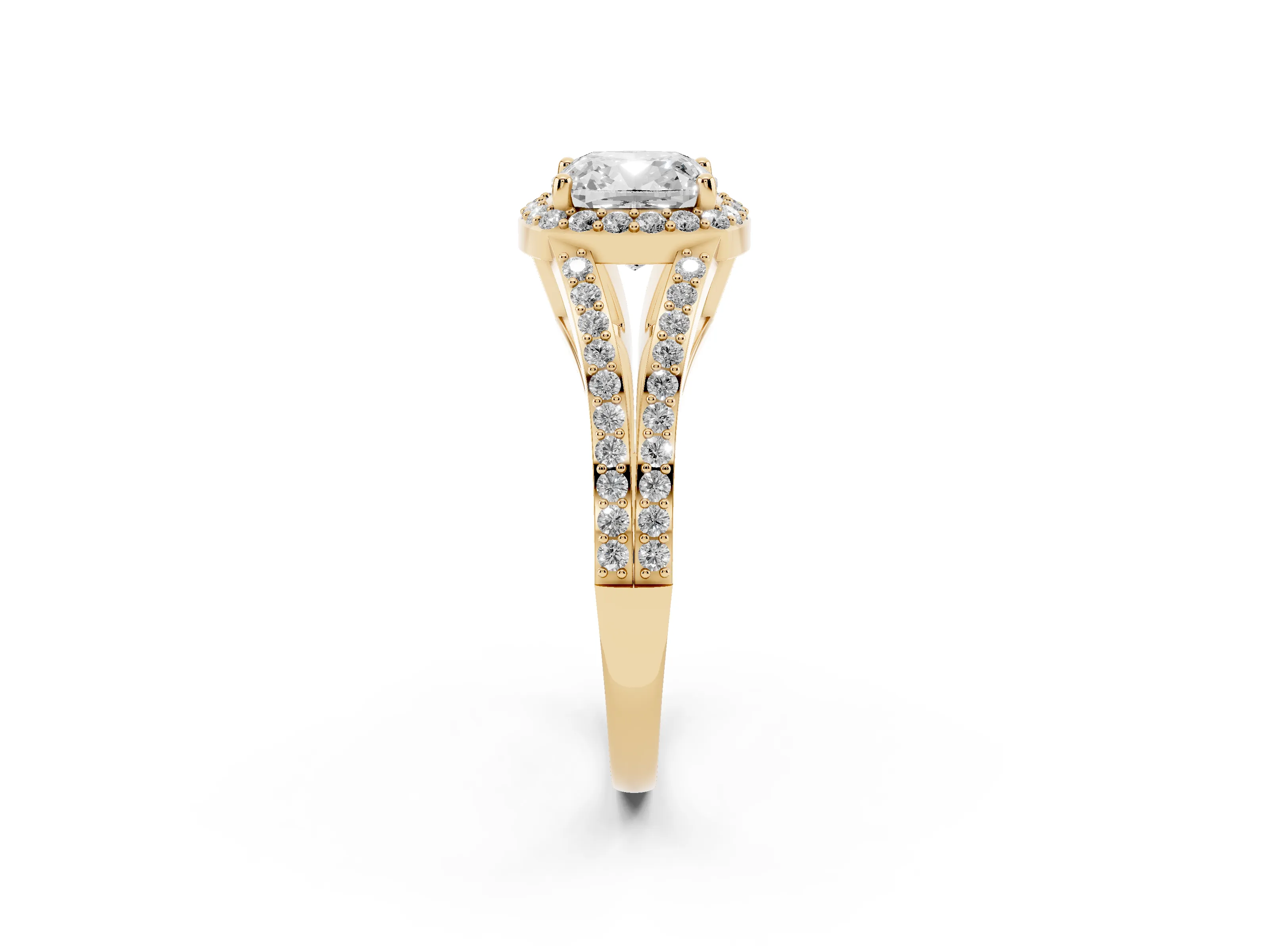 Cushion Cut Diamond Halo Split Shank Ring Set in Yellow gold with Accent Stones and Prong Setting