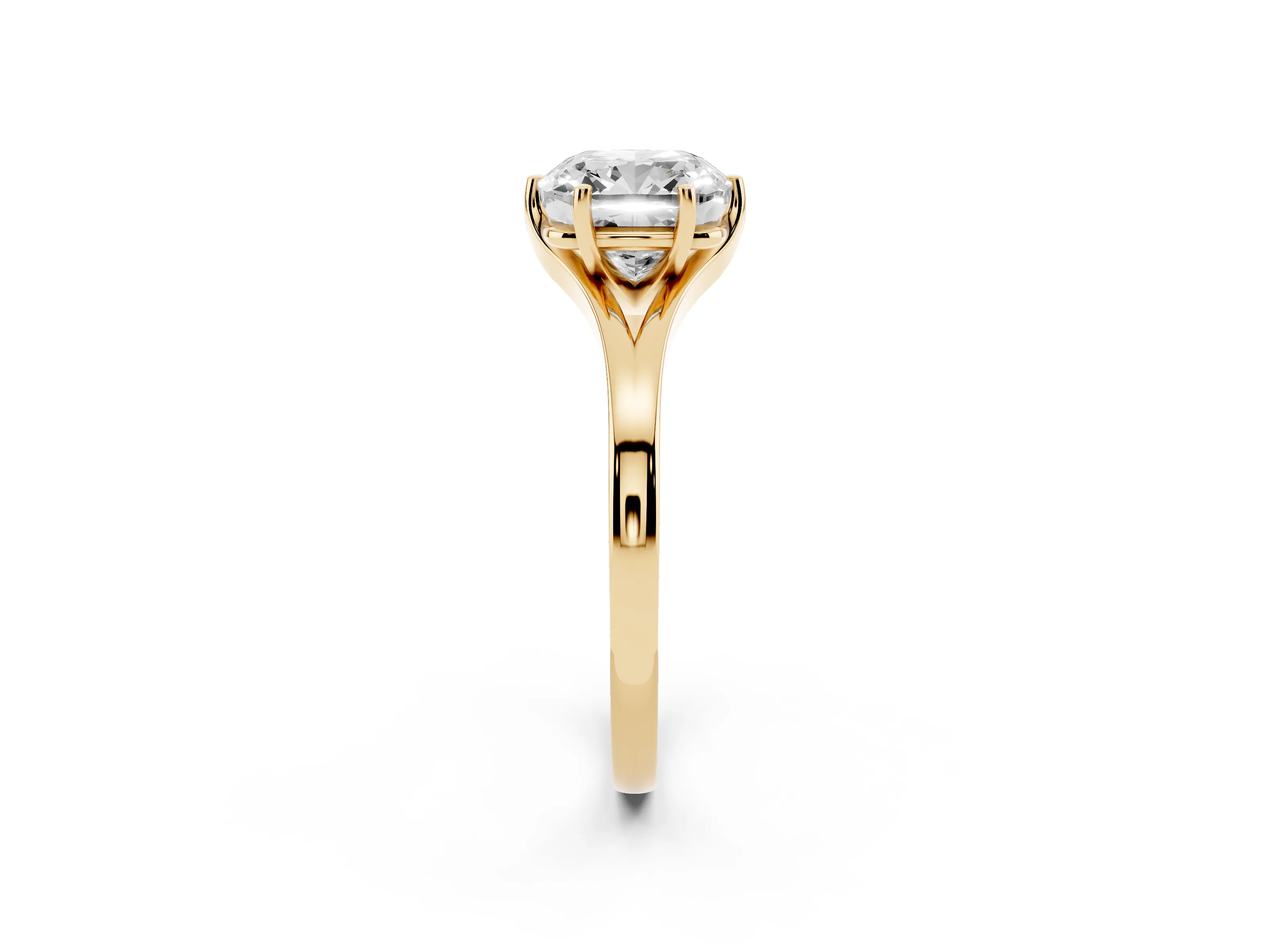 Cushion Cut Diamond Solitaire Ring Set in Yellow gold with Polished Tapered Band and Prong Setting