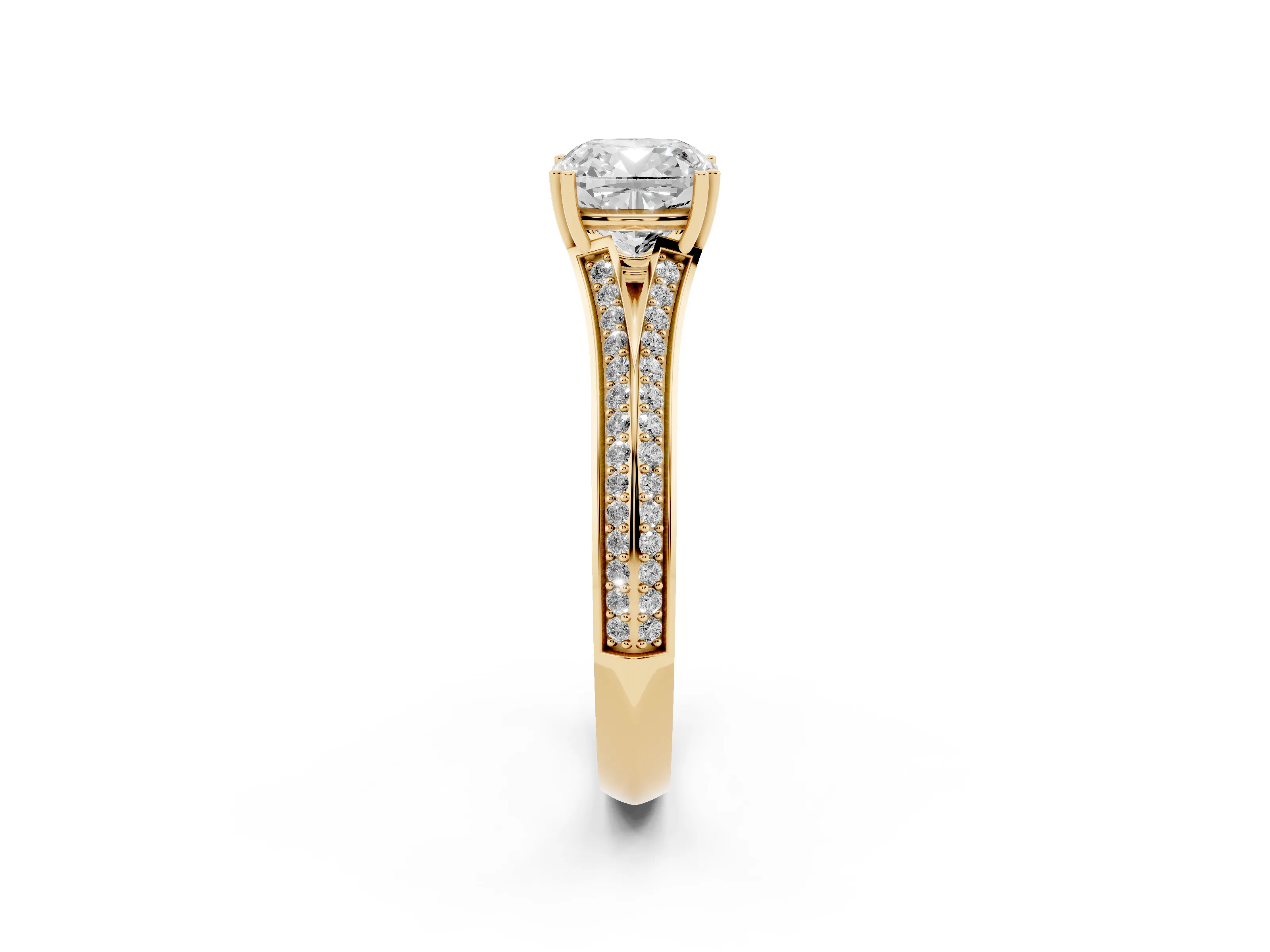 Cushion Cut Diamond Split Shank Pavé Engagement Ring Set in Yellow gold with Prong-Set Center Stone