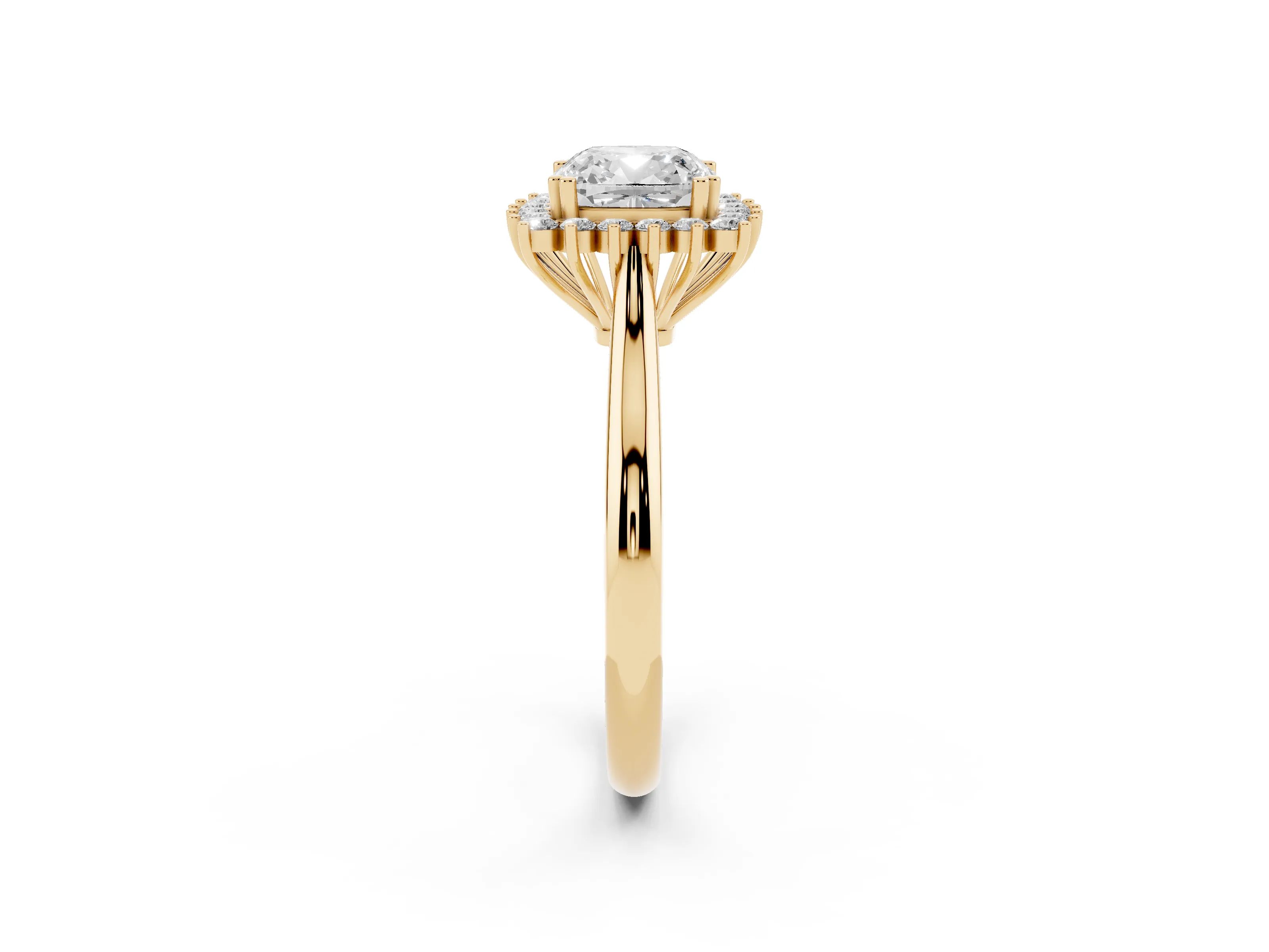 Cushion Cut Diamond Halo Ring Set in Yellow gold with Plain Solitaire Band and Prong Setting
