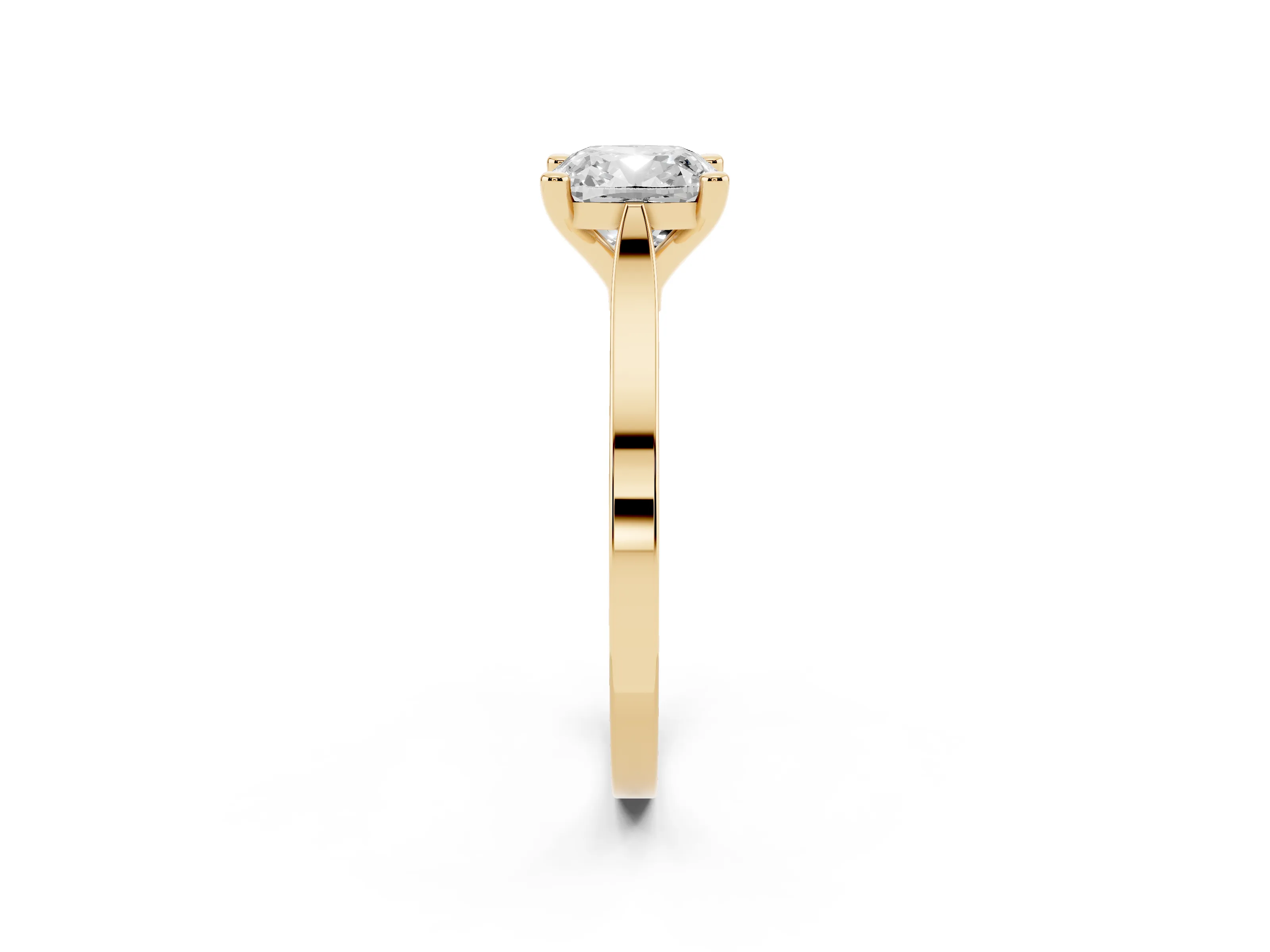 Cushion Cut Diamond Solitaire Ring Set in Yellow gold with Prong Setting and Tapered Band