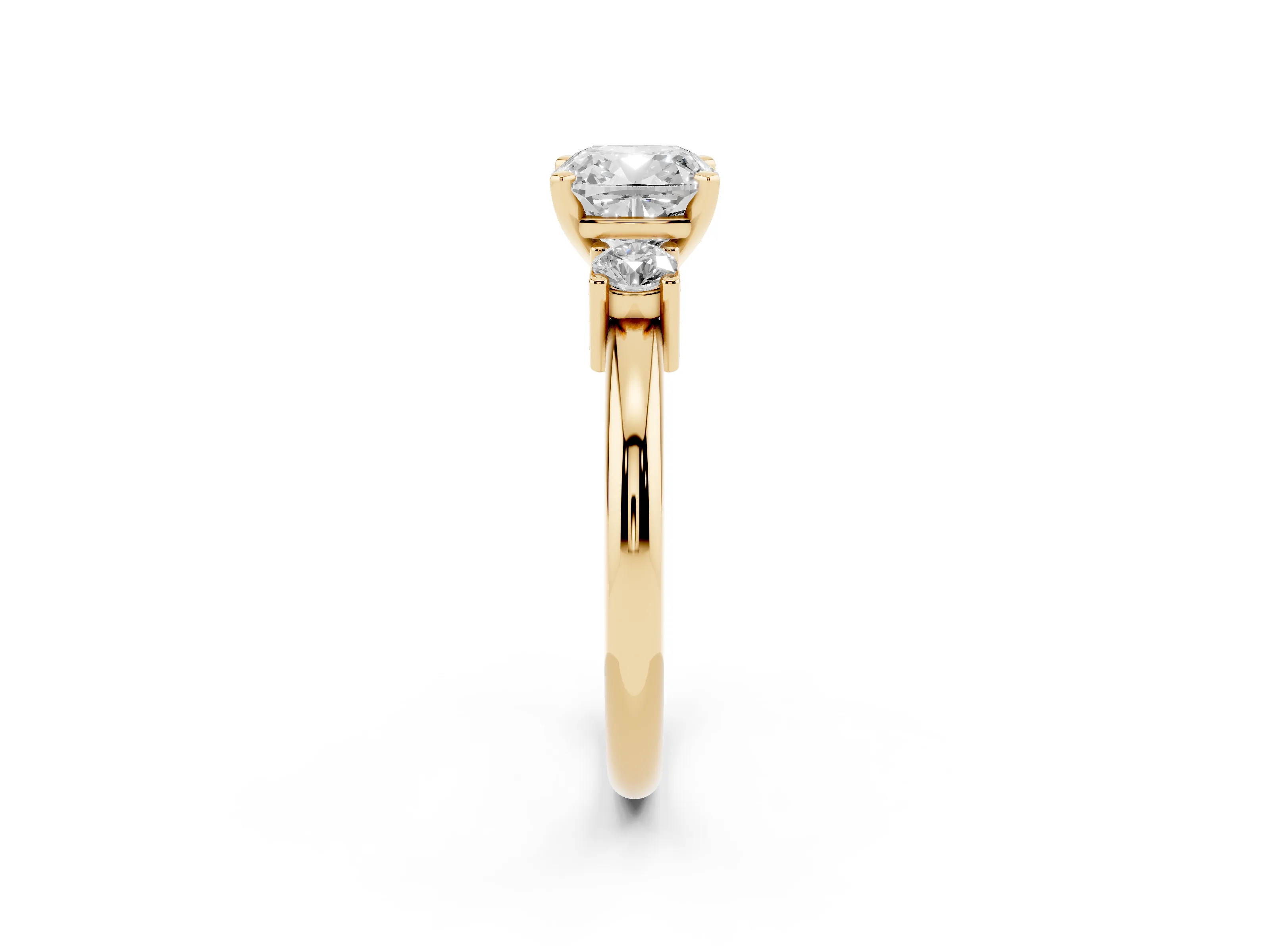 Three-Stone Cushion Cut Diamond Ring Set in Yellow gold with Prong Setting and Plain Band