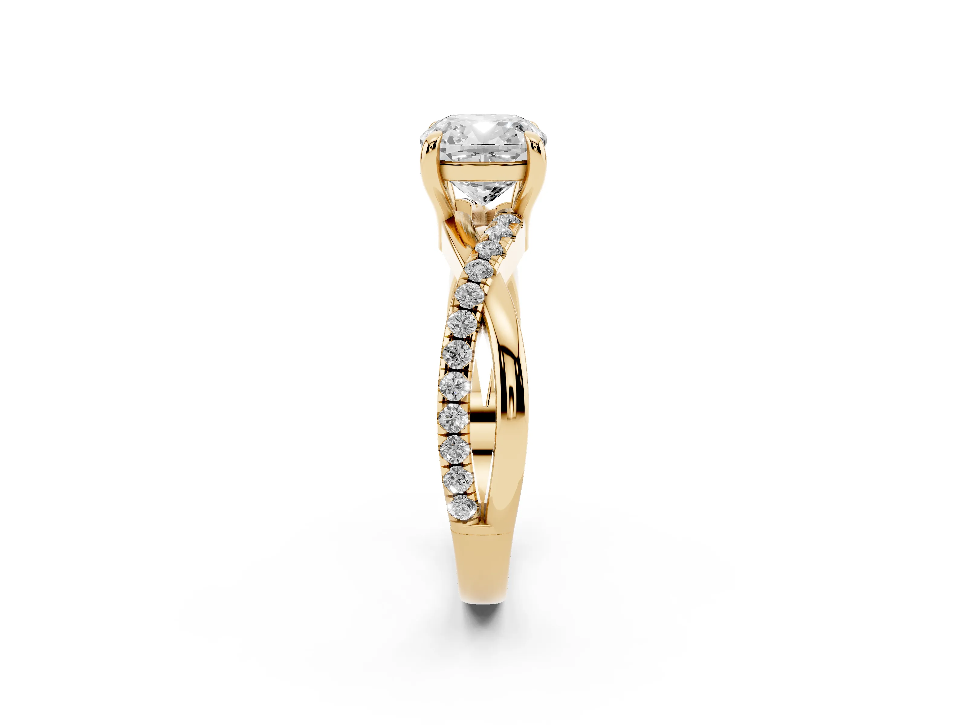 Cushion Cut Diamond Twist Band Pavé Solitaire Ring Set in Yellow gold with Prong Setting