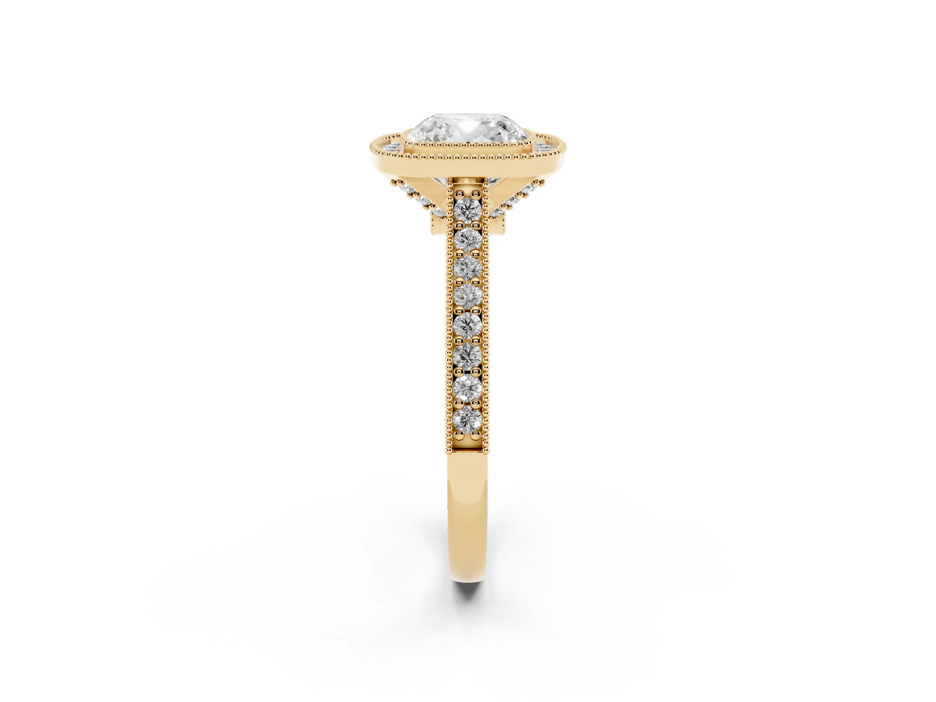 Cushion Cut Diamond Halo Milgrain Pavé Band Ring Set in Yellow gold with Prong Setting