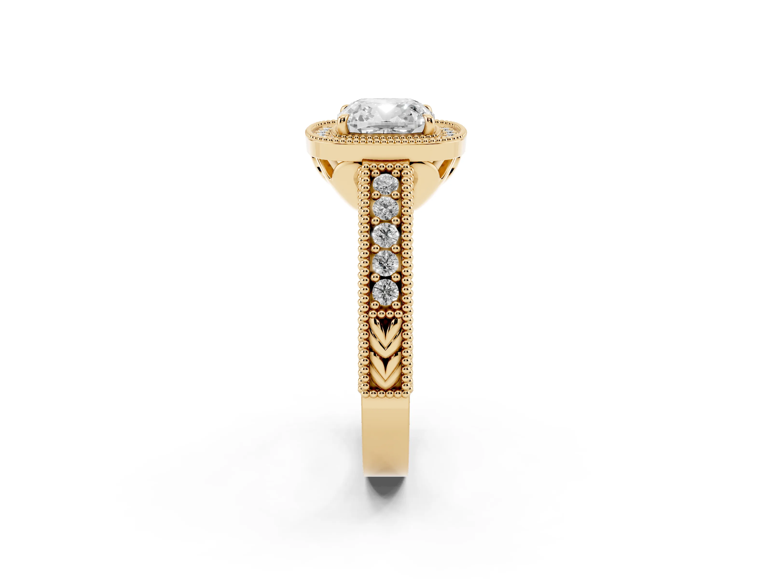 Cushion Cut Diamond Halo Ring Set in Yellow gold with Round Accent Halo, Pavé Band and Prong Setting
