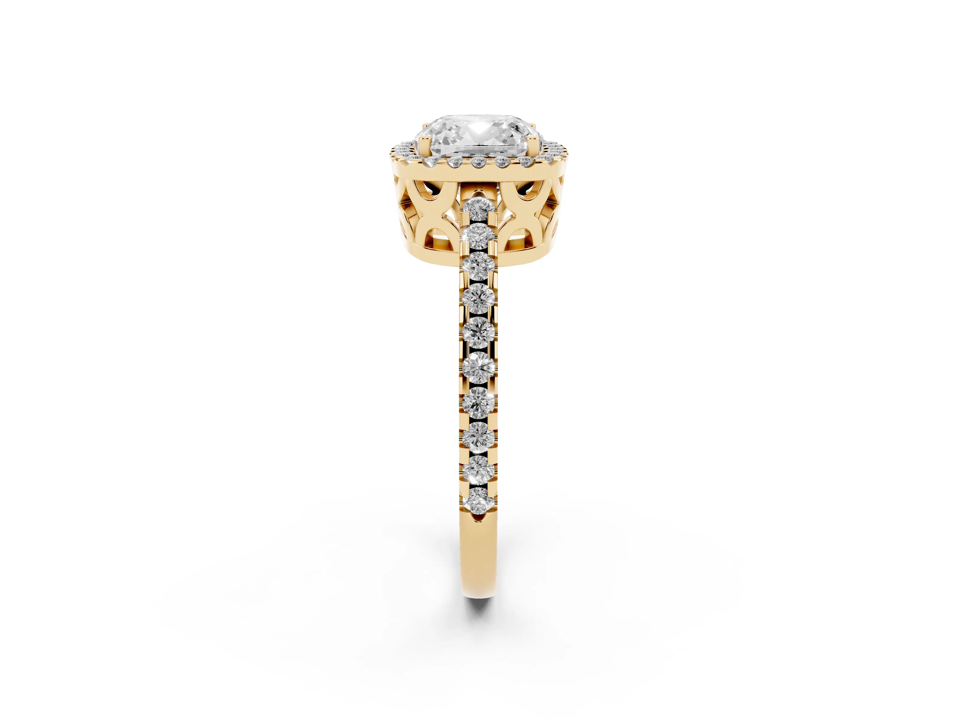 Cushion Cut Diamond Halo Ring Set in Yellow gold with Pavé Shoulders and Halo-Framed Center