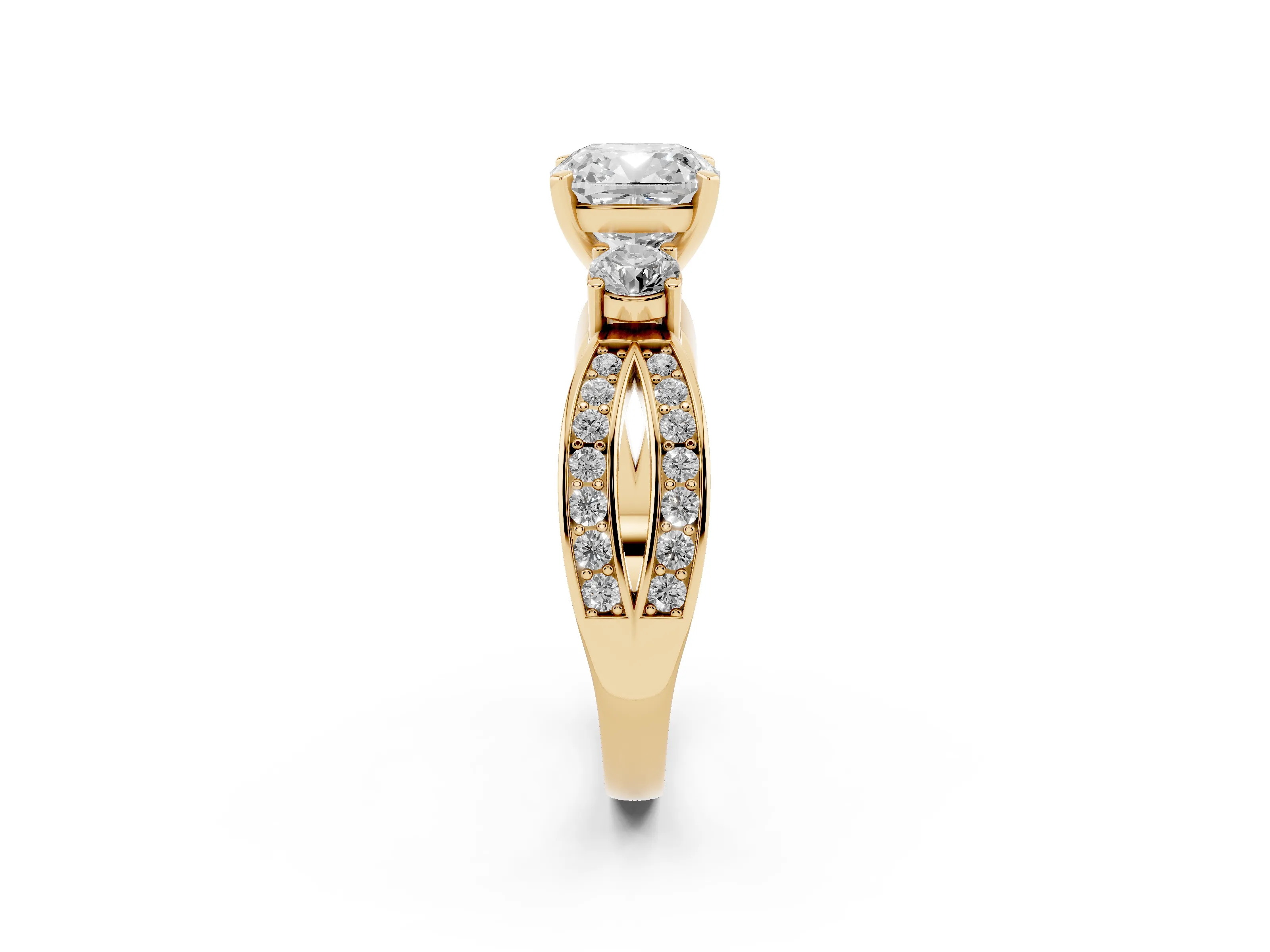 Three-Stone Cushion Cut Diamond Twist Band Ring Set in Yellow gold with Pavé Accents and Prong Setting