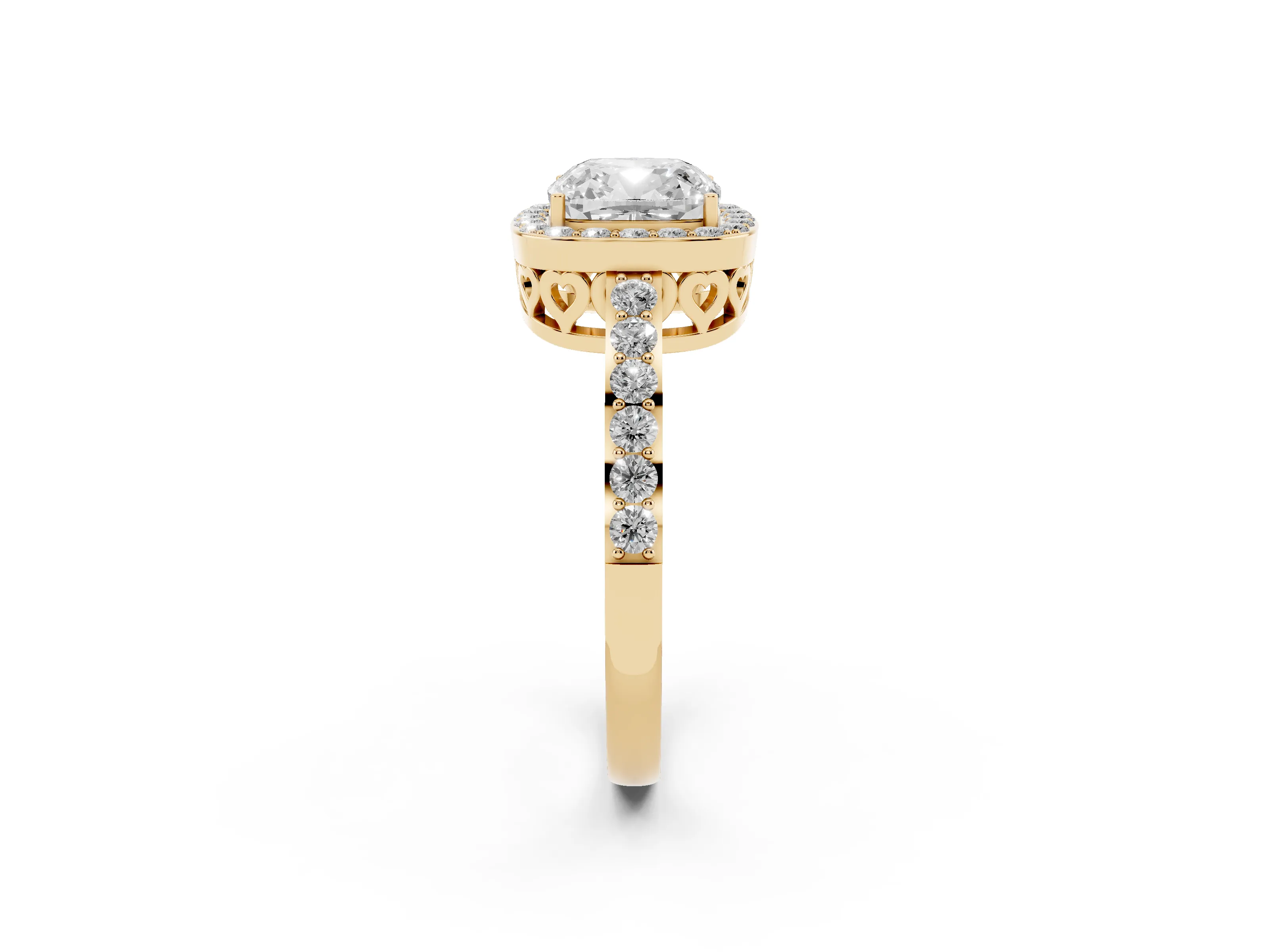 Cushion Cut Diamond Halo Ring Set in Yellow gold with Pavé-Setting Band and Open Prong Center