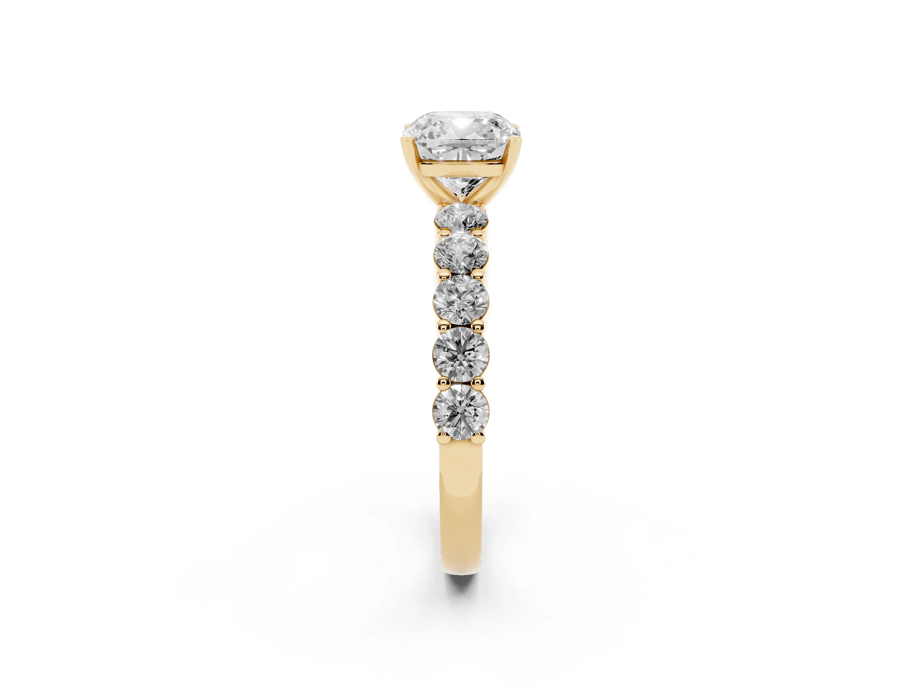 Cushion Cut Diamond Solitaire Ring Set in Yellow gold with Shared Prong Round Side Stones