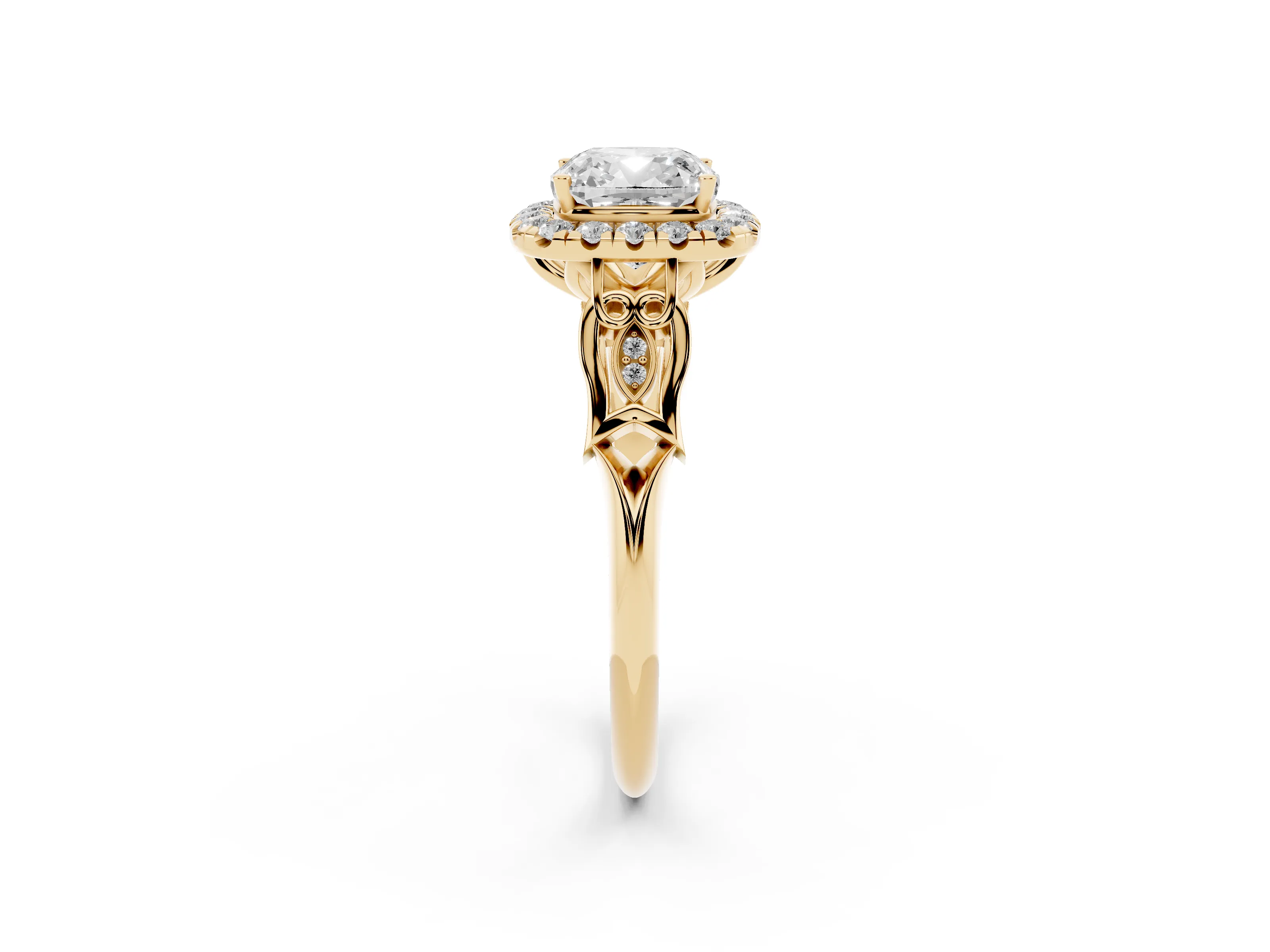 Cushion Cut Diamond Halo Engagement Ring Set in Yellow gold with Filigree Band and Prong-Set Center