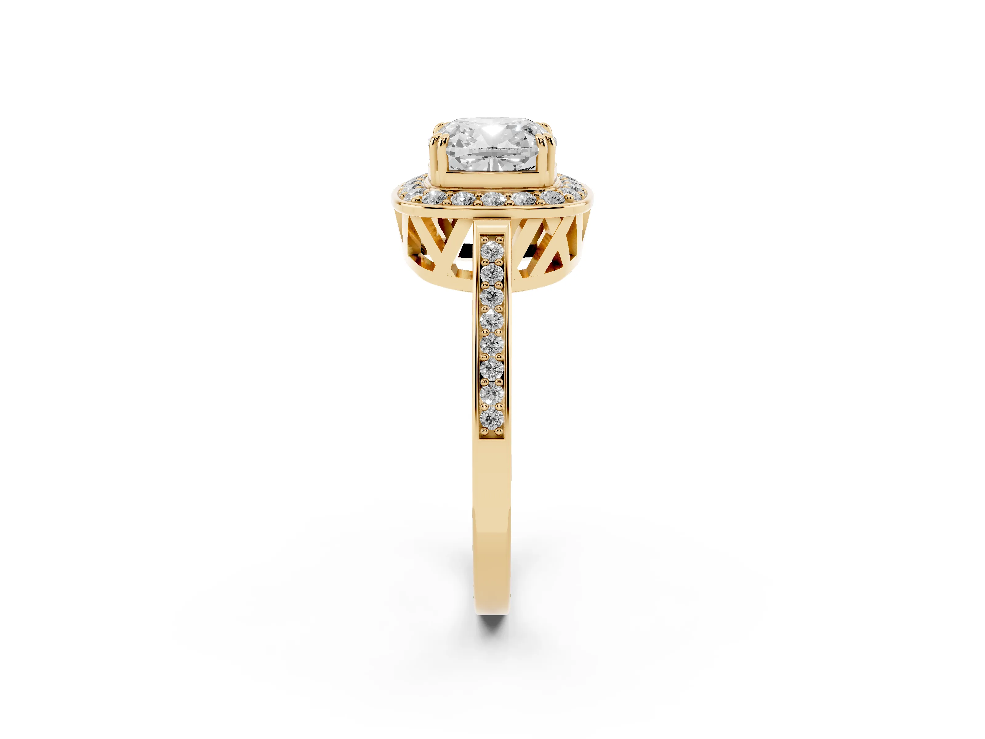 Cushion Cut Diamond Halo Ring Set in Yellow gold with Accent-Lined Split Shank and Prong Setting