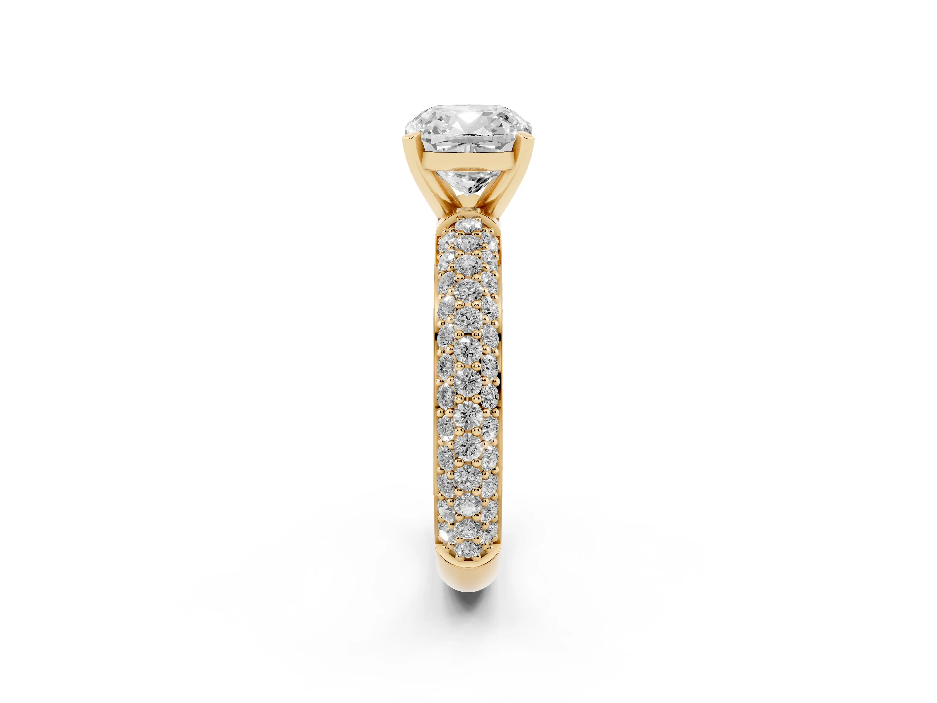 Cushion Cut Diamond Solitaire Ring Set in Yellow gold with Prong Setting and Pavé-Set Band