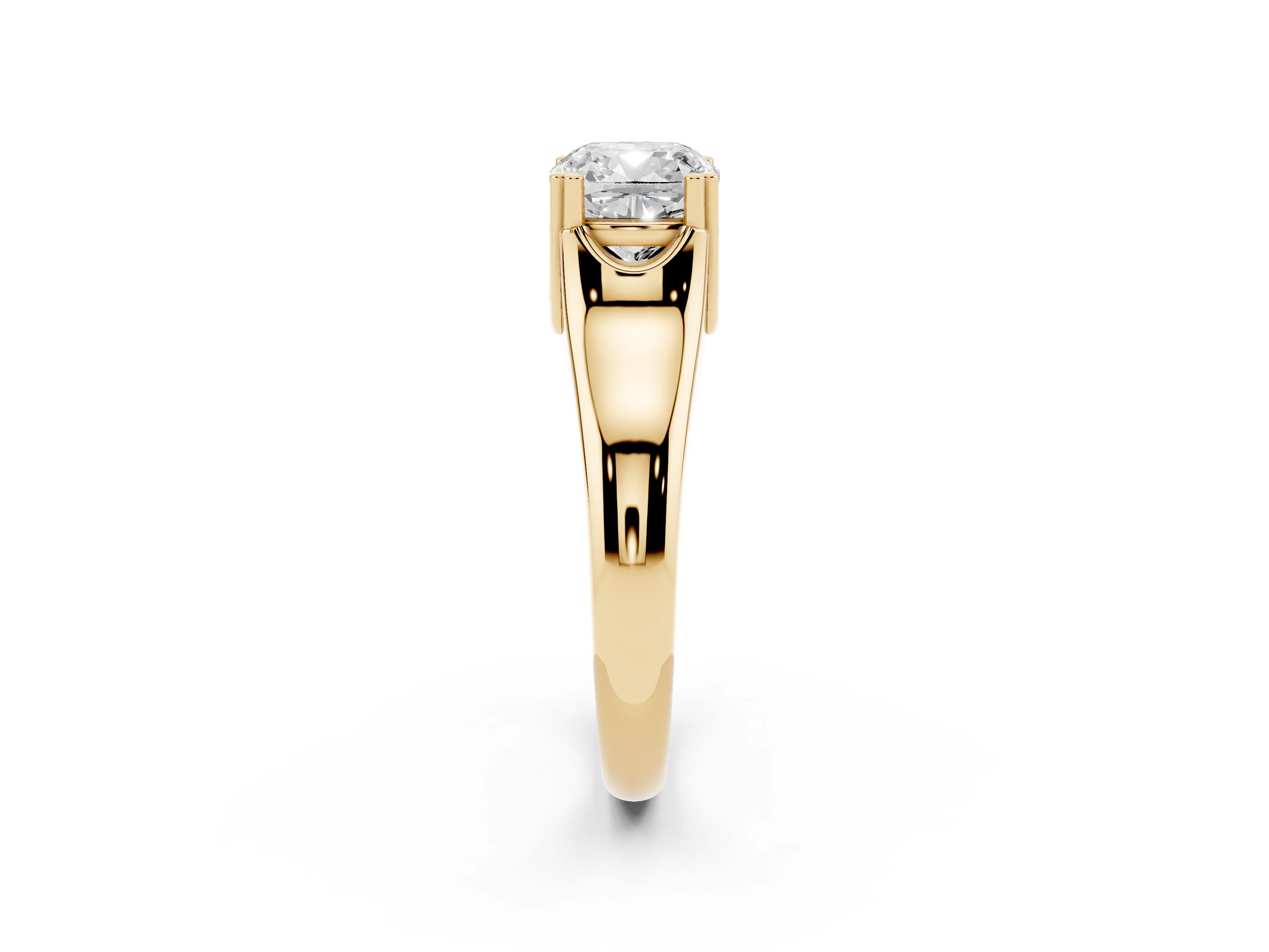 Cushion Cut Diamond Solitaire Ring Set in Yellow gold with Wide Band and Prong Setting