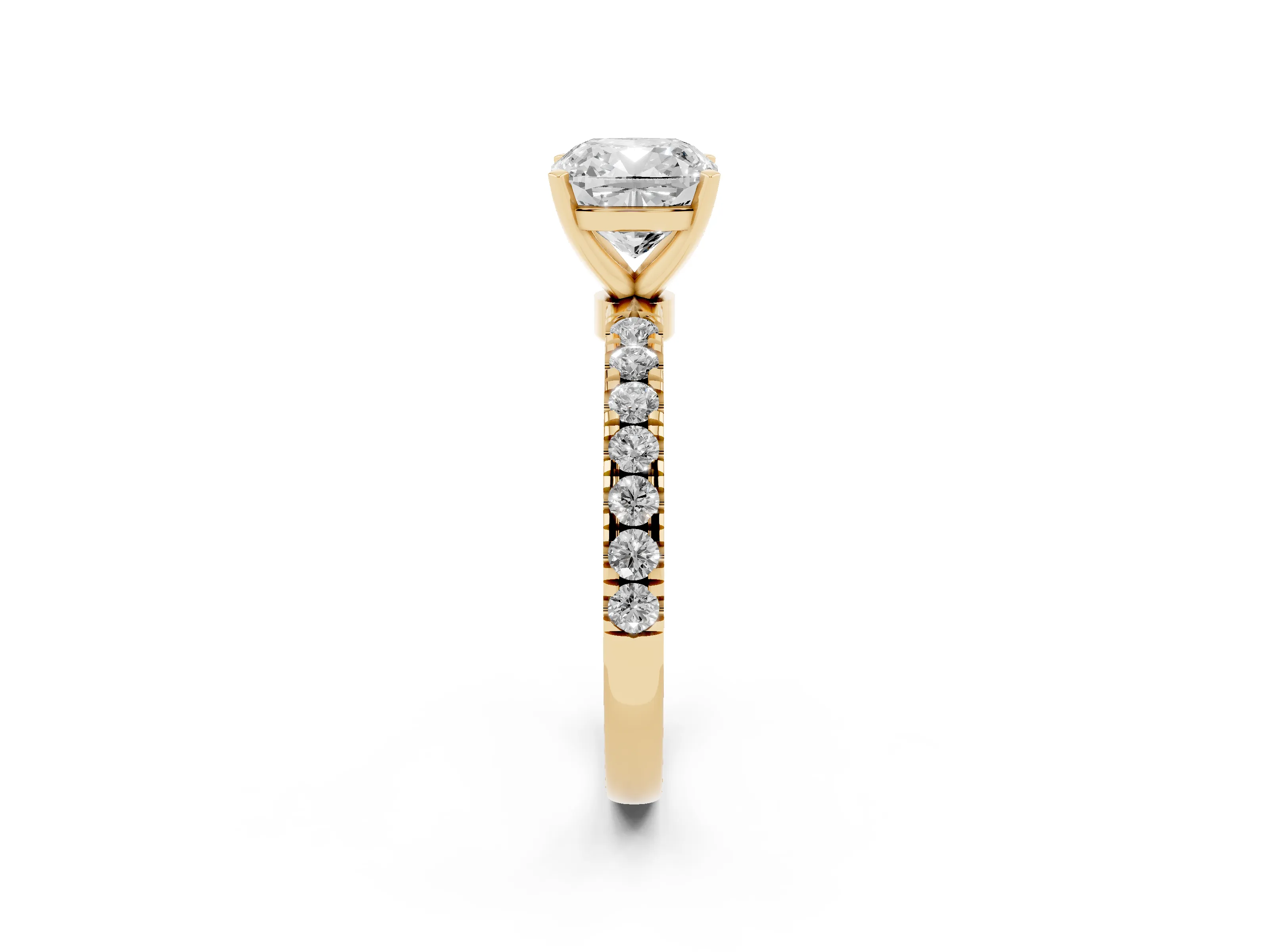 Cushion Cut Diamond Solitaire Ring Set in Yellow gold with Pavé Accents and Prong Setting