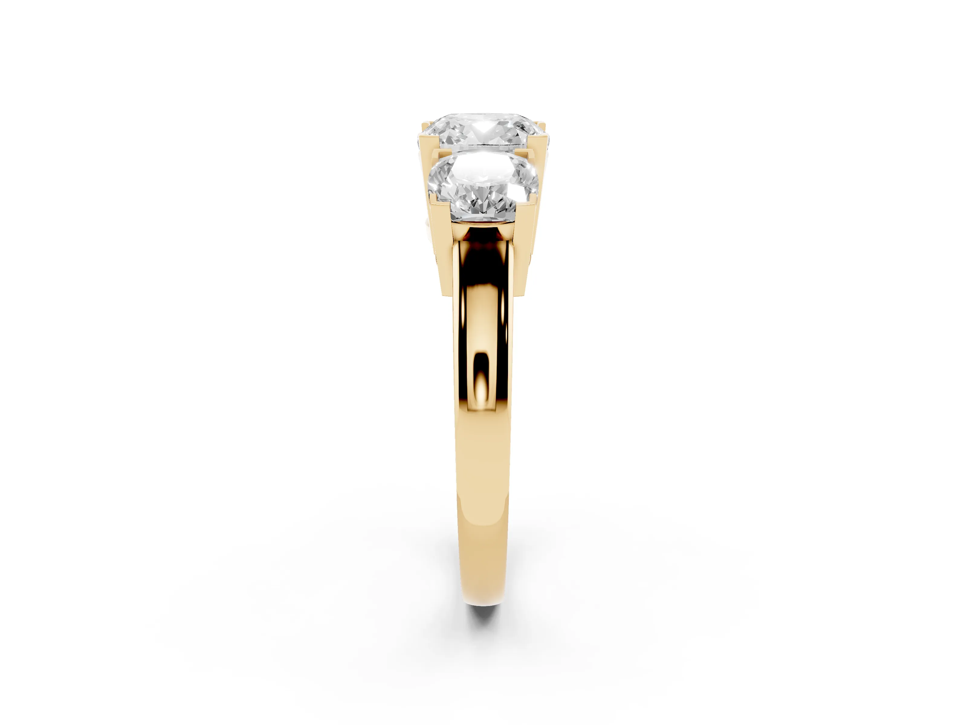 Cushion Cut Diamond Three-Stone Ring Set in Yellow gold with Channel-Set Band and Prong Settings