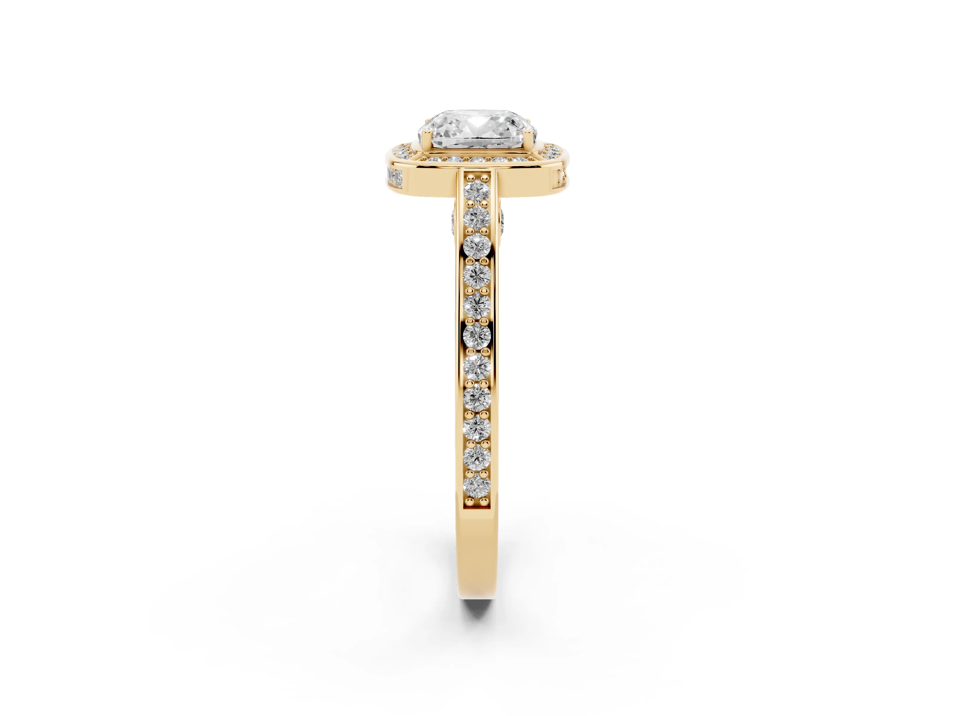 Cushion Cut Diamond Halo Pavé Split Shank Ring Set in Yellow gold with Prong Setting